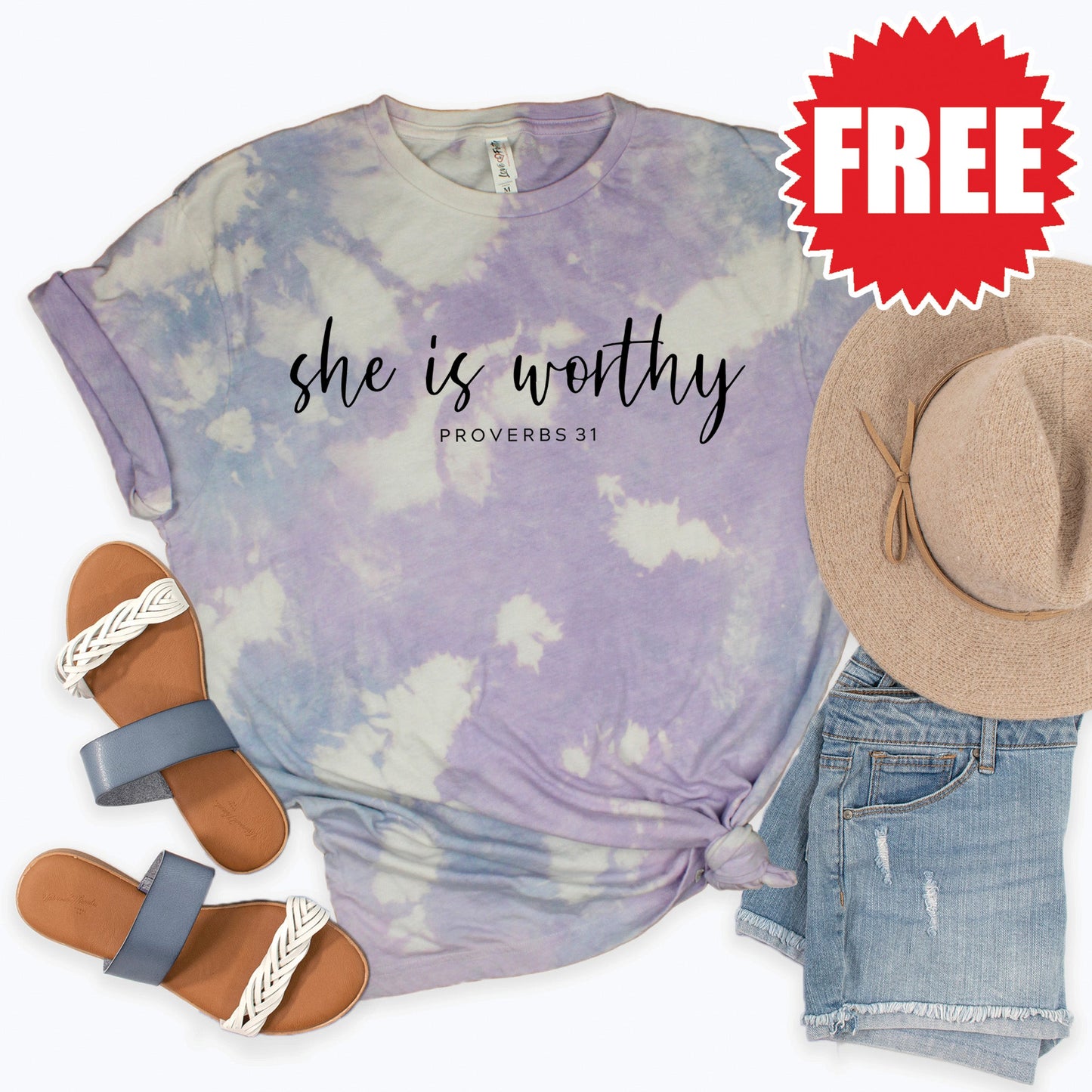 She Is Worthy Tee - Lavender Sky Tie Dye - 0