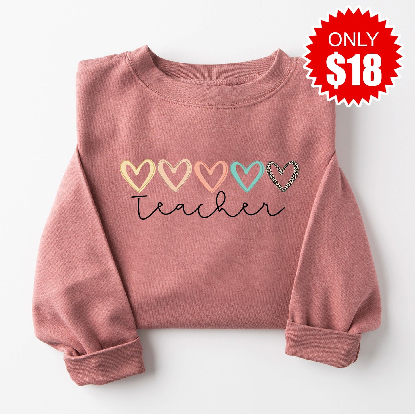Teacher Hearts Sweatshirt - Heather Mauve - 18