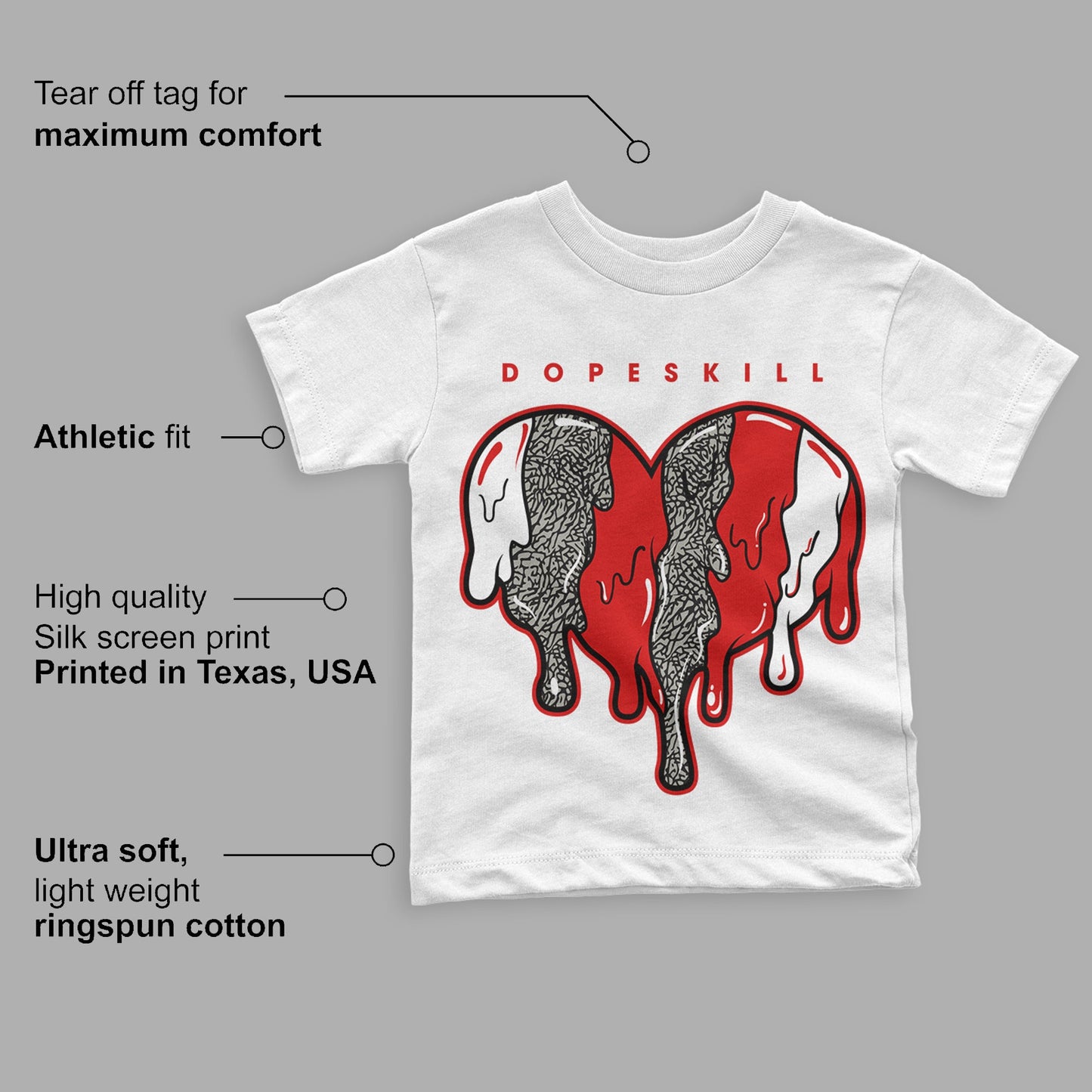 Fire Red 3s DopeSkill Toddler Kids T-shirt Slime Drip Heart Graphic