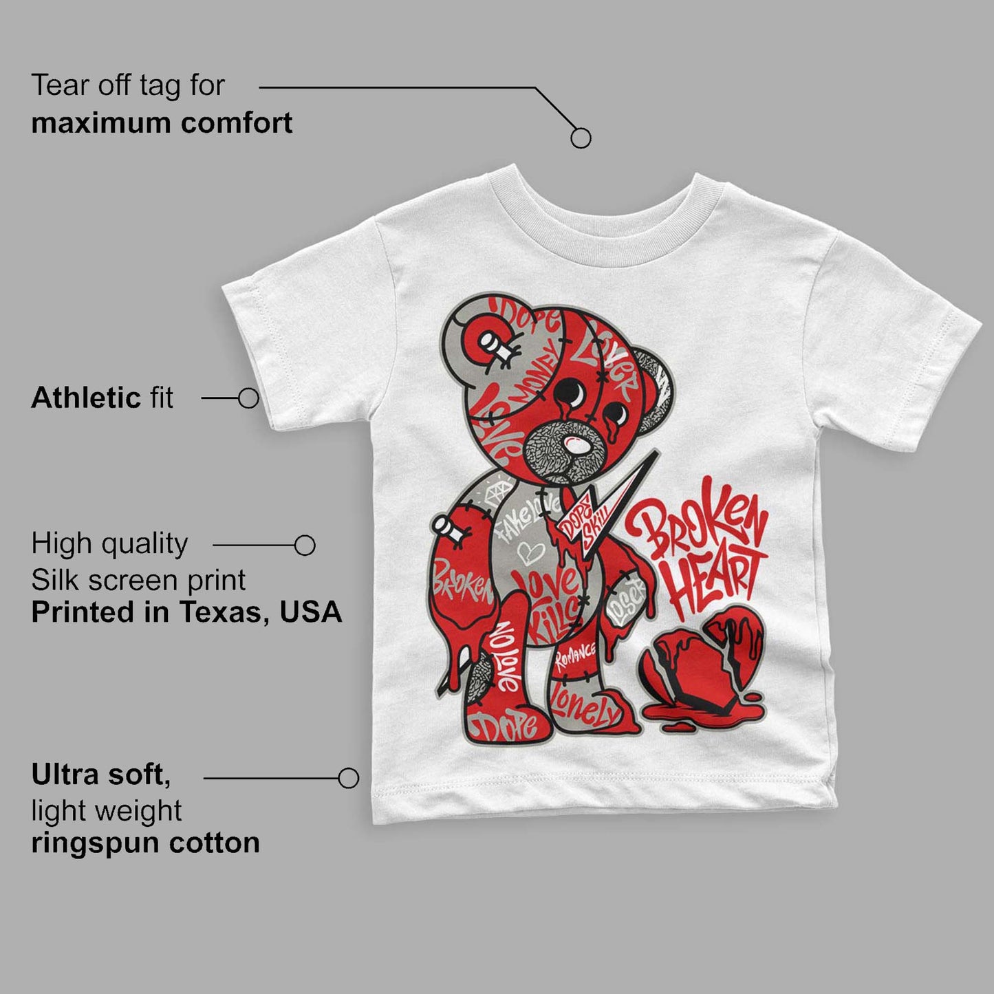 Fire Red 3s DopeSkill Toddler Kids T-shirt Broken Heart Graphic