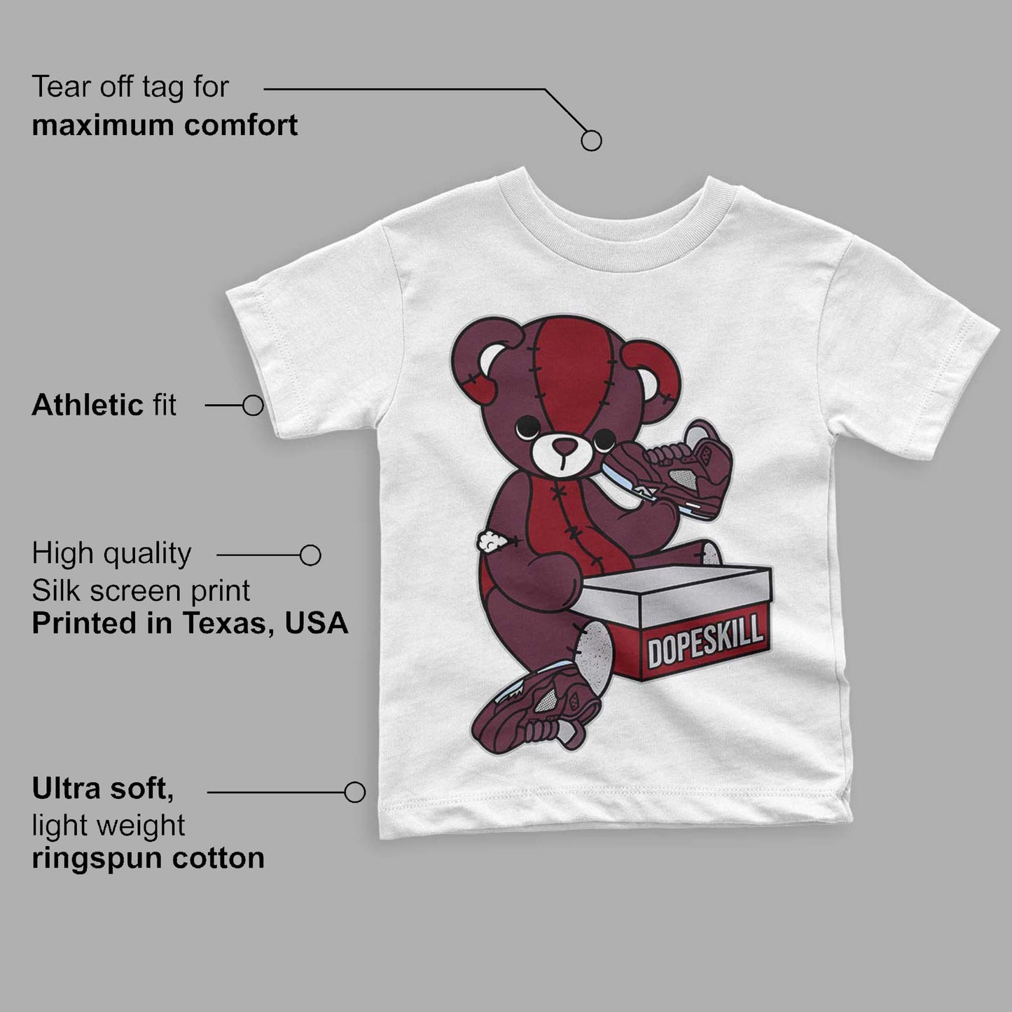 Burgundy 5s DopeSkill Toddler Kids T-shirt Sneakerhead BEAR Graphic