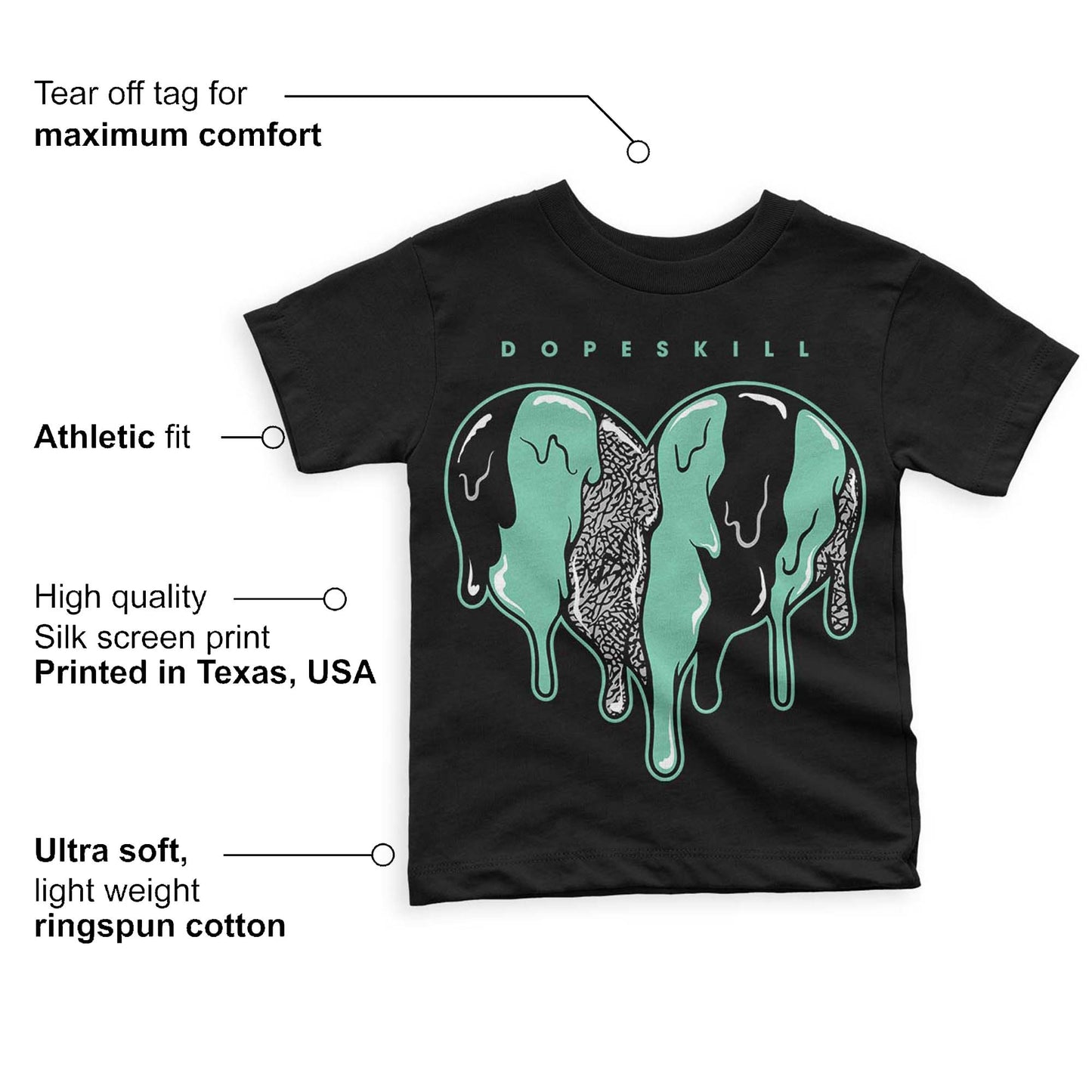 Green Glow 3s DopeSkill Toddler Kids T-shirt Slime Drip Heart Graphic