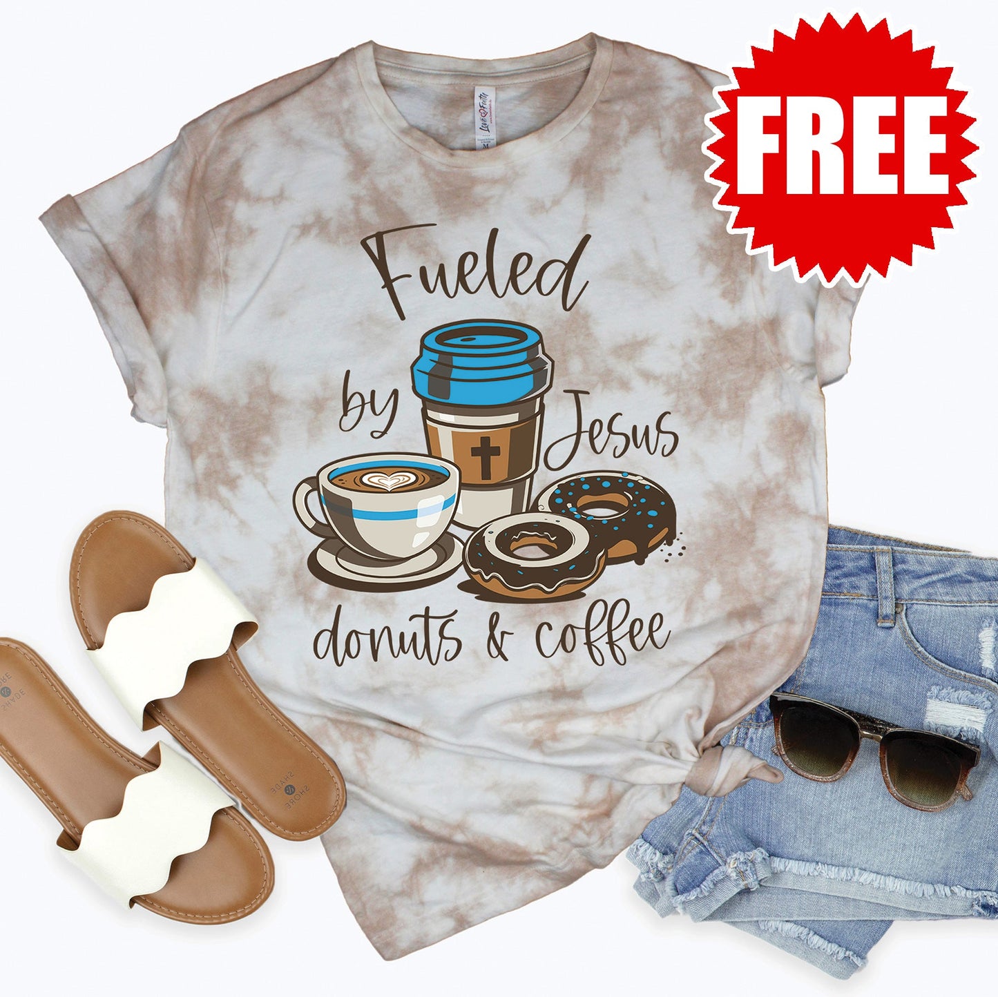 Jesus Donuts and Coffee Tee - Oatmeal Splash Tie Dye - 0