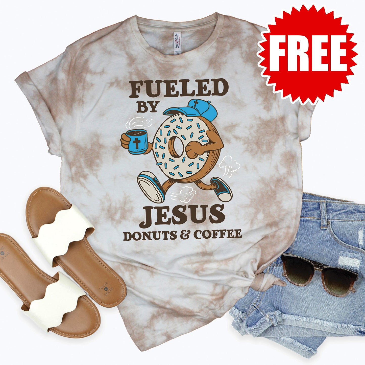 Jesus Donuts and Coffee Tee - Oatmeal Splash Tie Dye - 0 Style001
