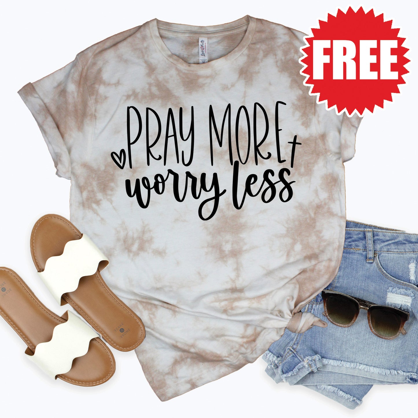 Pray More Worry Less Tee - Oatmeal Splash Tie Dye - 0