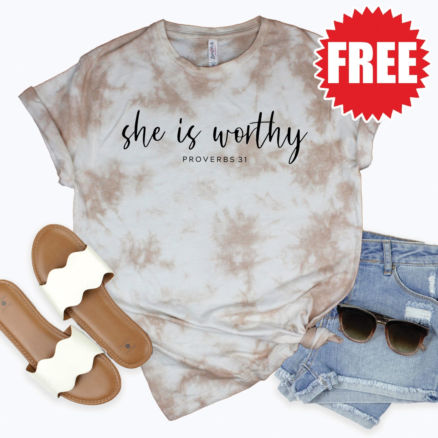 She Is Worthy Tee - Oatmeal Splash Tie Dye - 0