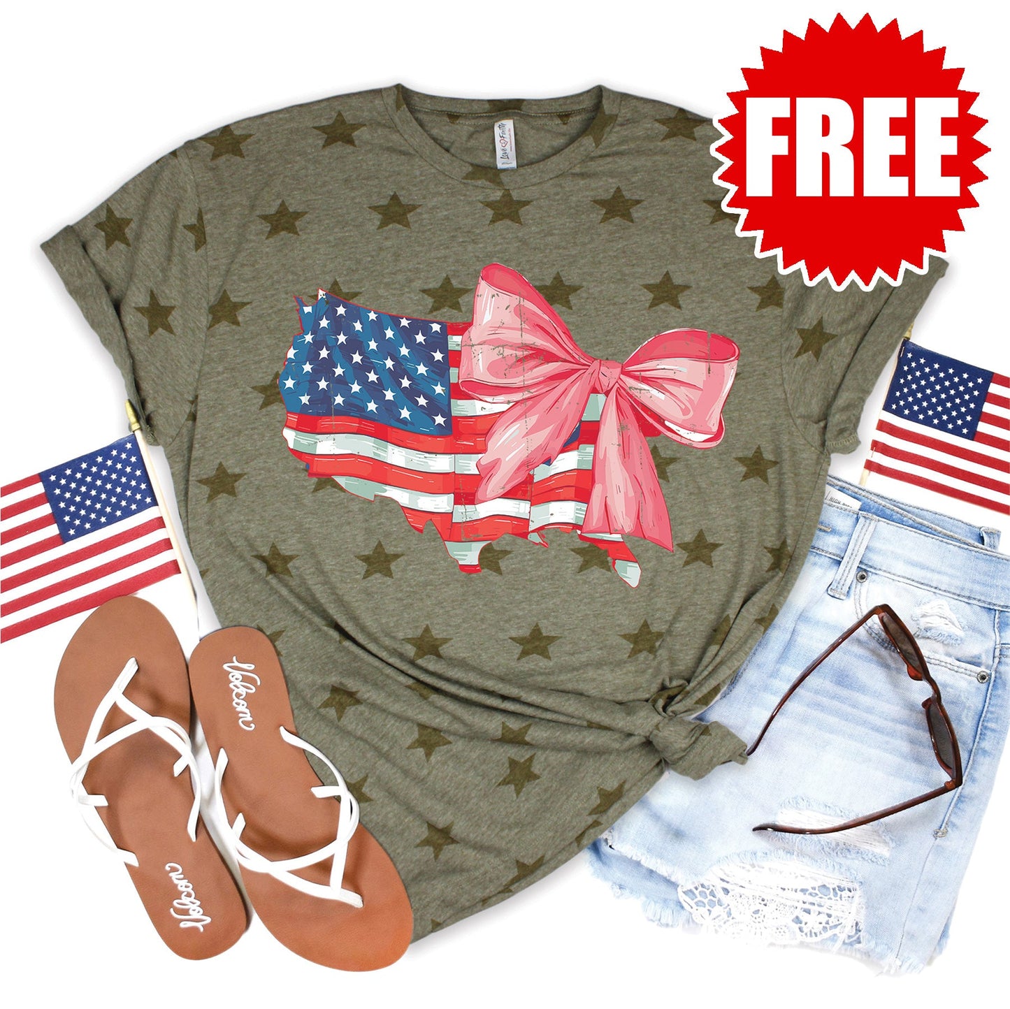 USA Ribbon Tee - Olive Star Print - FREE