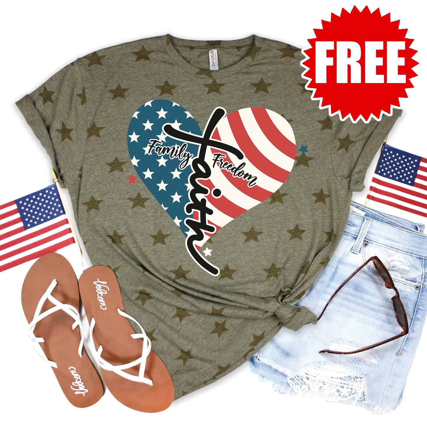 Faith Family Freedom USA Tee - Olive Star Print - 0