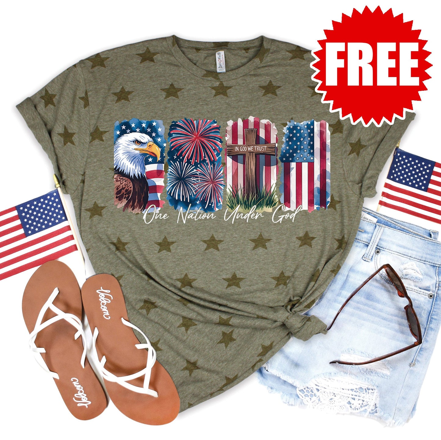One Nation Under God Tee - Olive Star Print - 0