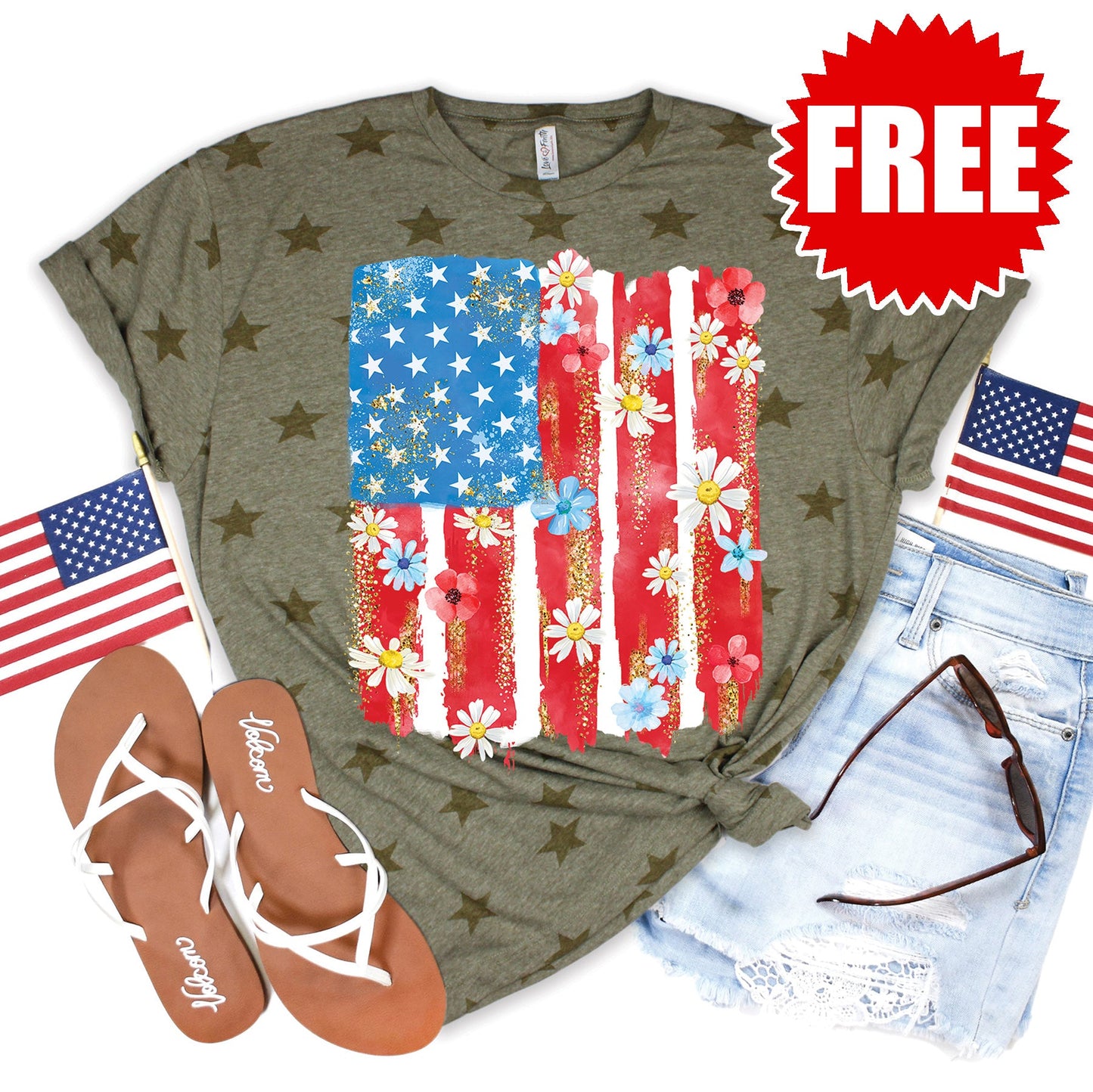Patriotic Flag Tee - Olive Star Print - 0