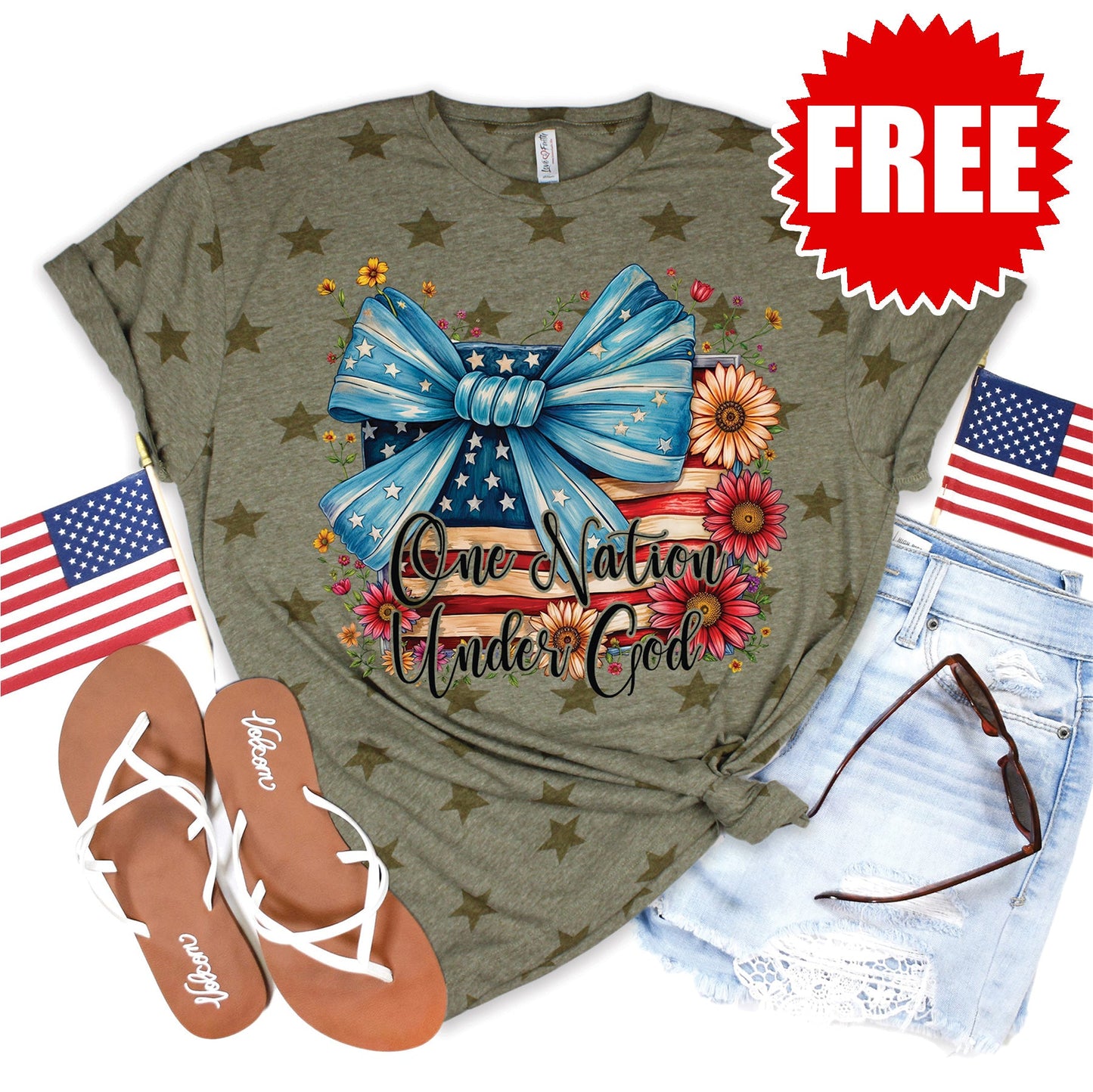 One Nation Under God Ribbon Tee - Olive Star Print - 0