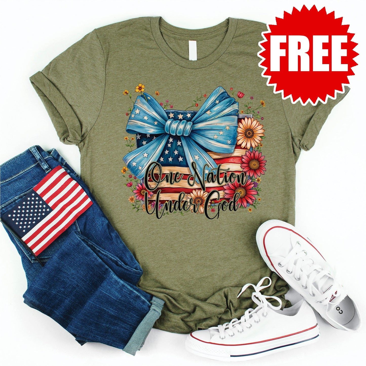 One Nation Under God Ribbon Tee - Heather Olive - 0