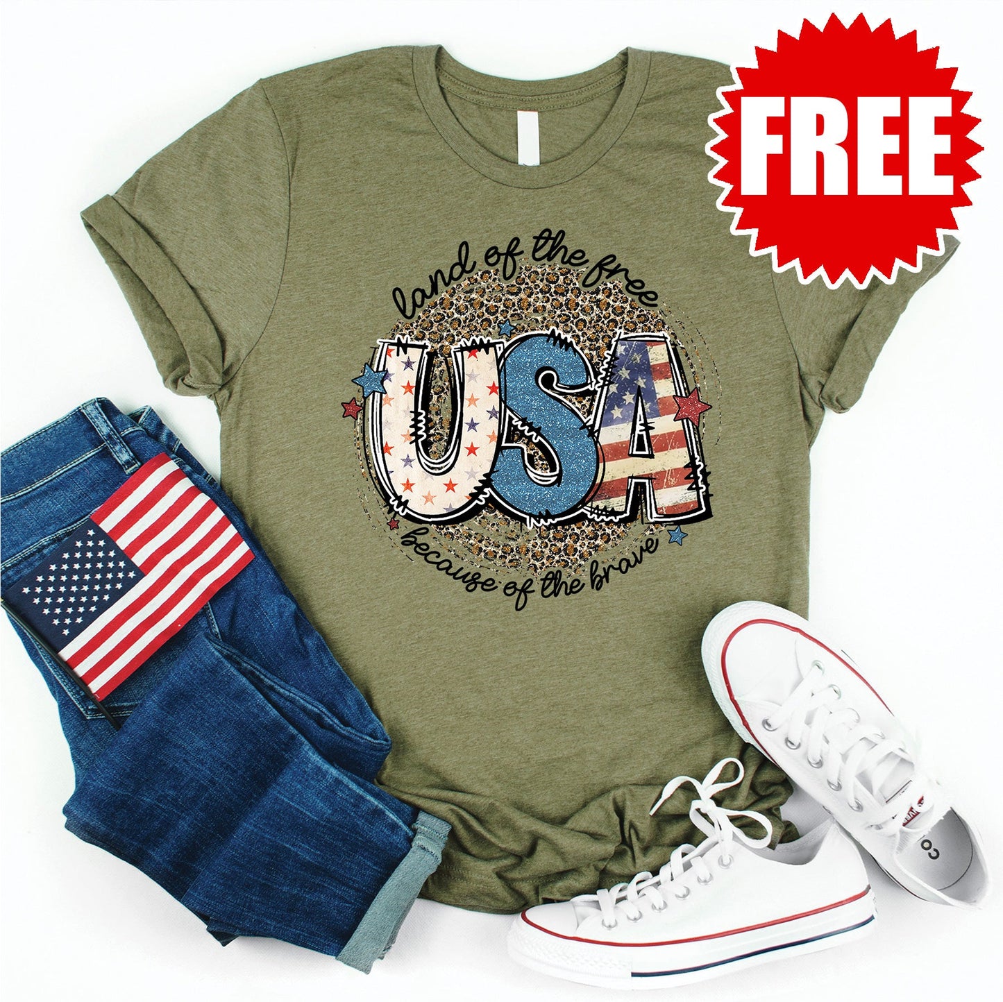 Land Of The Free USA Tee - Heather Olive - 0
