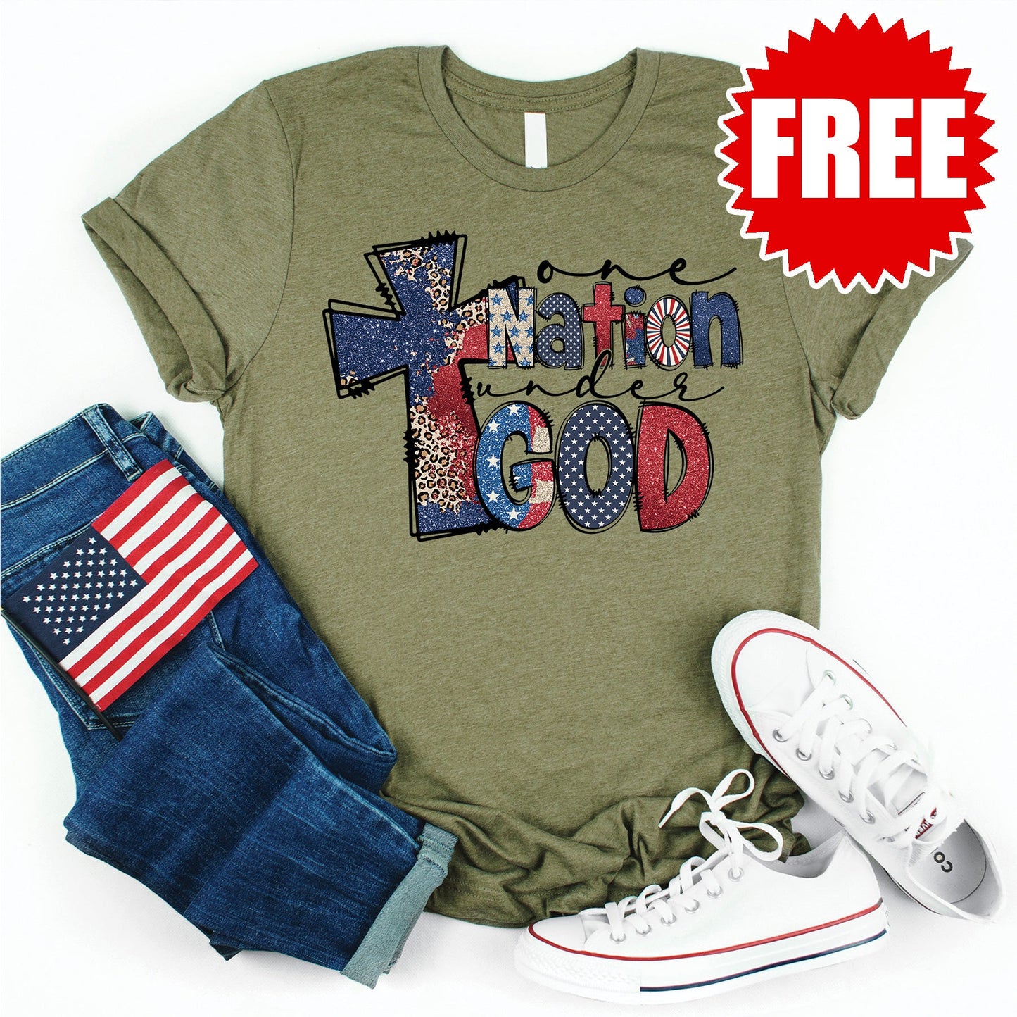One Nation Cross Tee - Heather Olive - 0