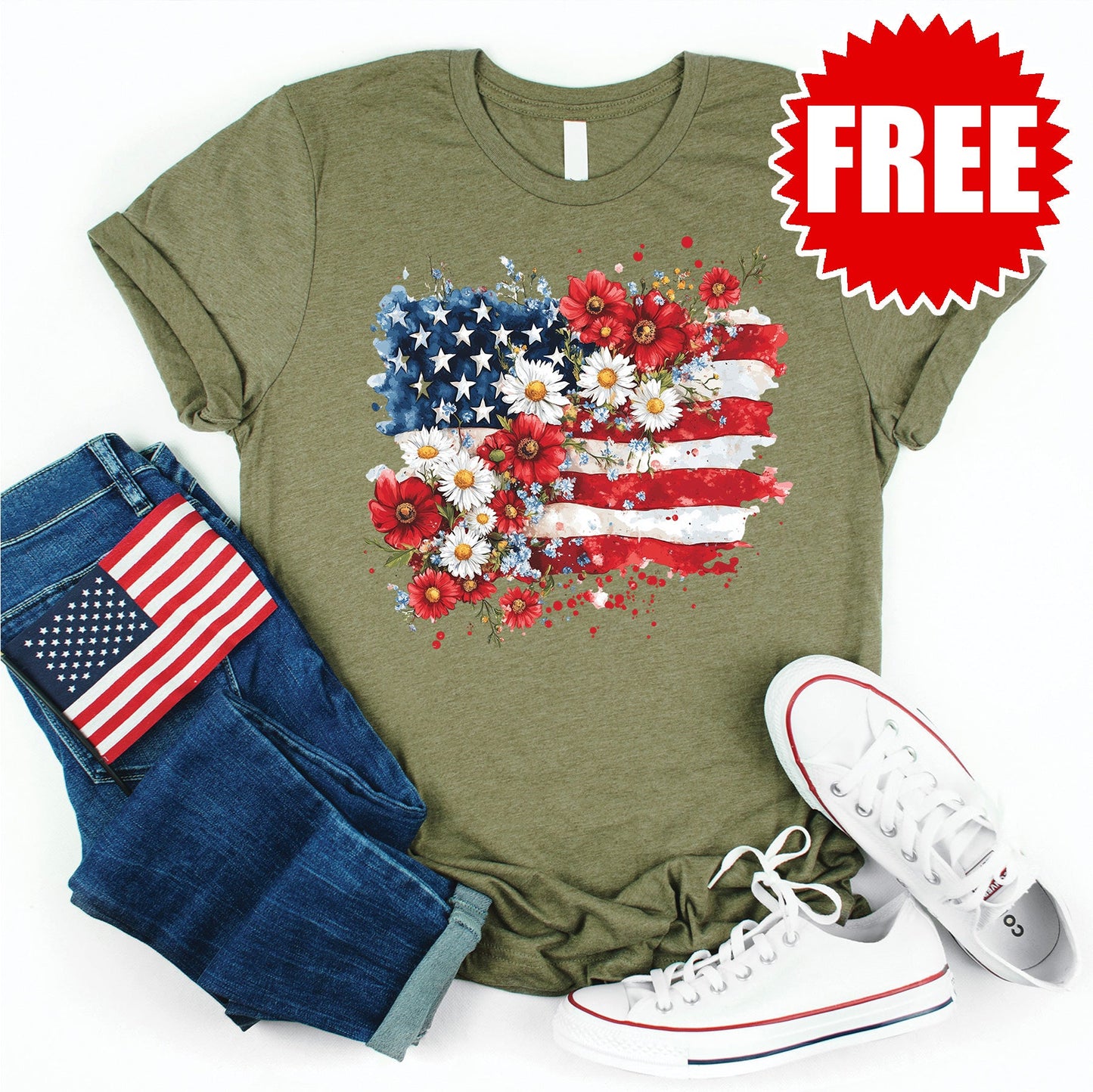 Floral Flag Tee - Heather Olive - 0