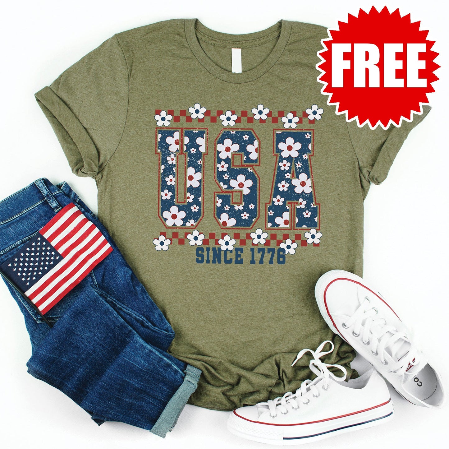 USA Varsity Floral Tee - Heather Olive - 0