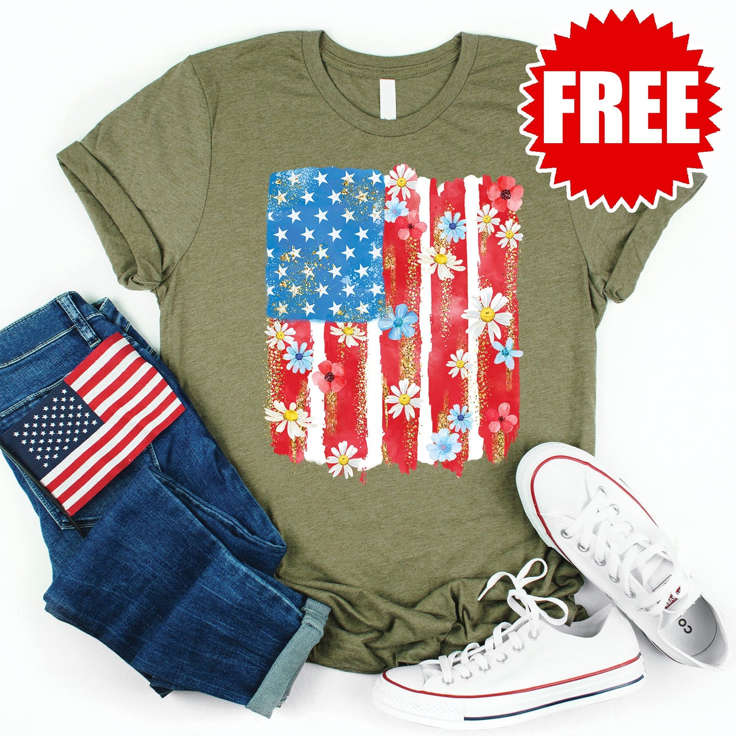 Patriotic Flag Tee - Heather Olive - 0