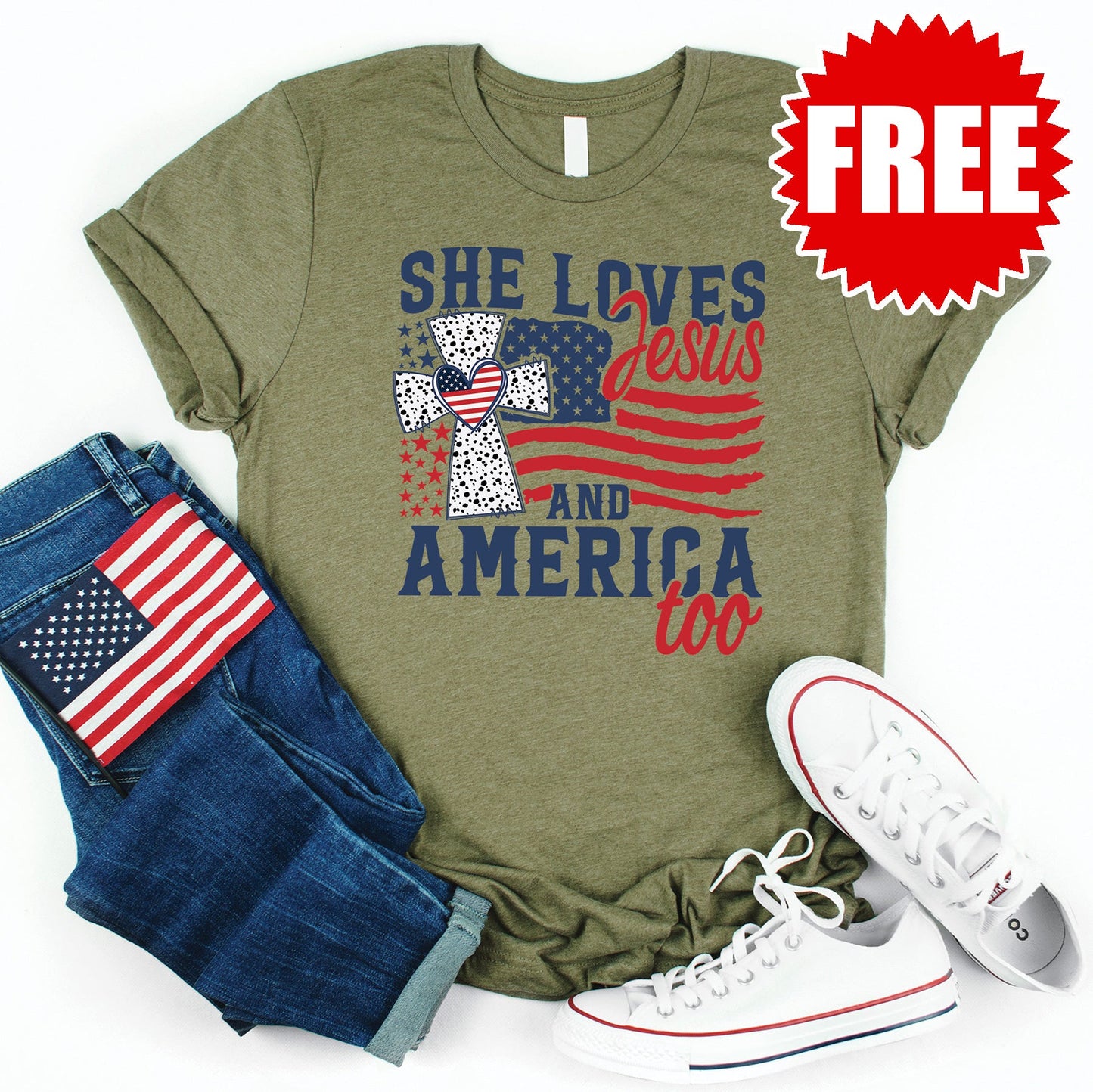 She Loves Jesus And America Tee - Heather Olive - 0