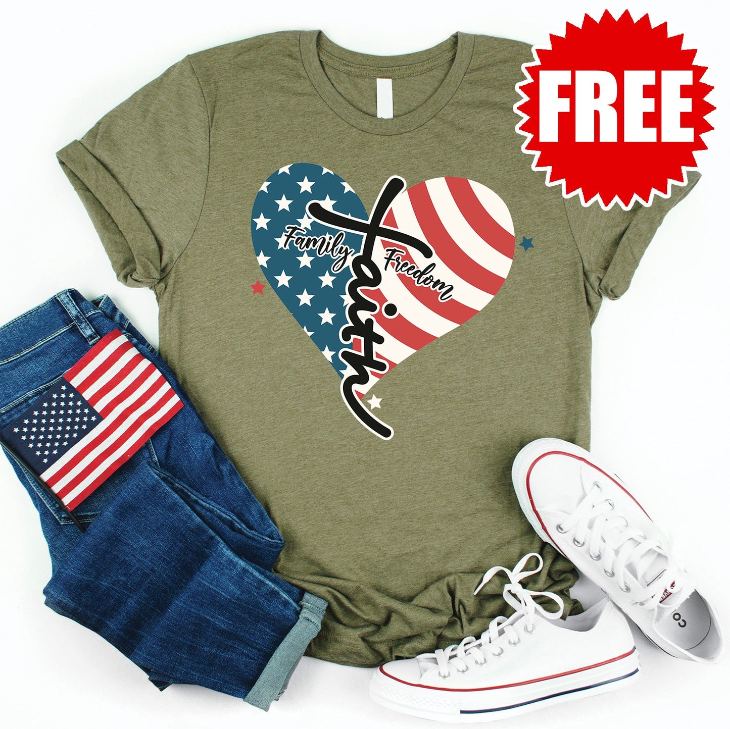 Faith Family Freedom USA Tee - Heather Olive - 0