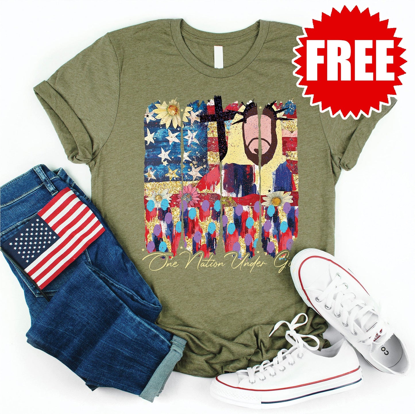 One Nation Under God Tee - Heather Olive - 0 Style001