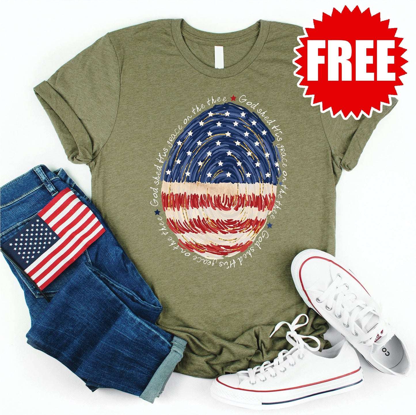 God Shed His Grace Fingerprint Tee - Heather Olive - 0
