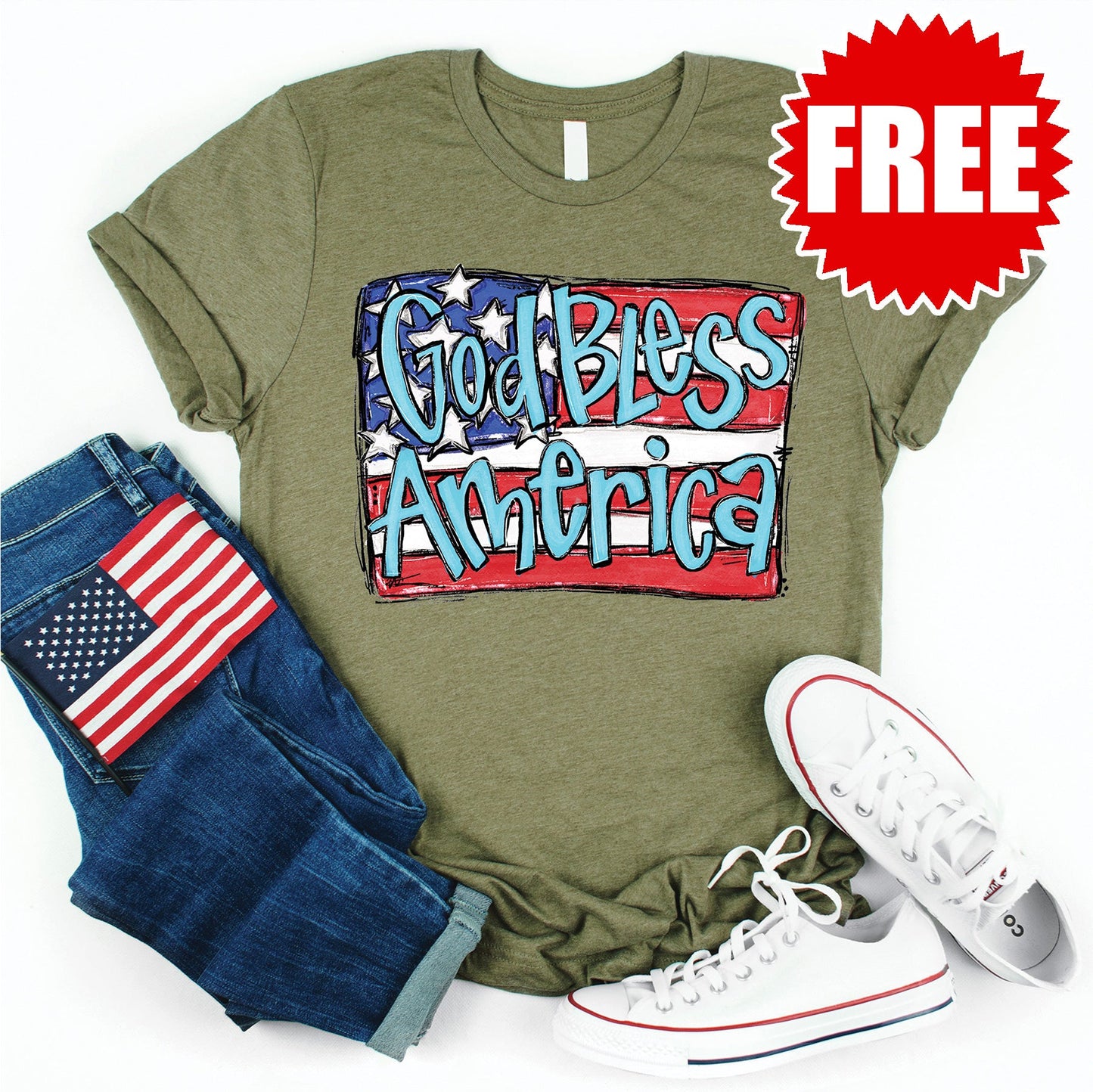 God Bless America Flag Tee - Heather Olive - 0