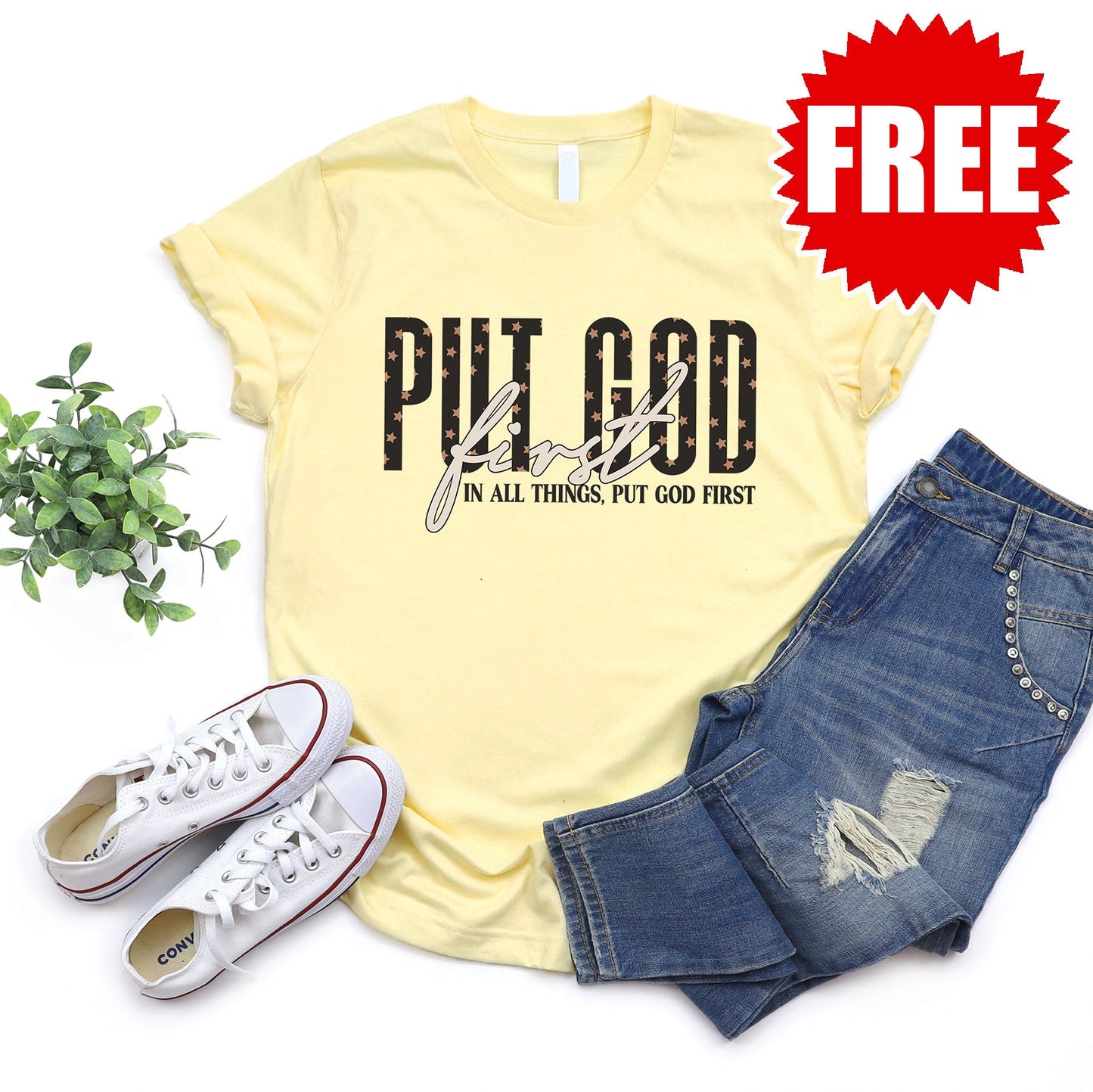 Put God First Tee - Heather Pale Yellow - 0