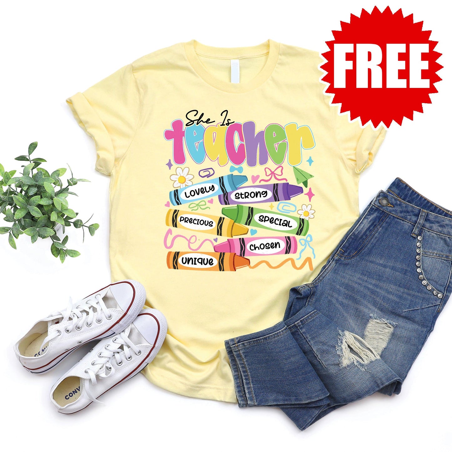 She Is Teacher Tee - Heather Pale Yellow - 0