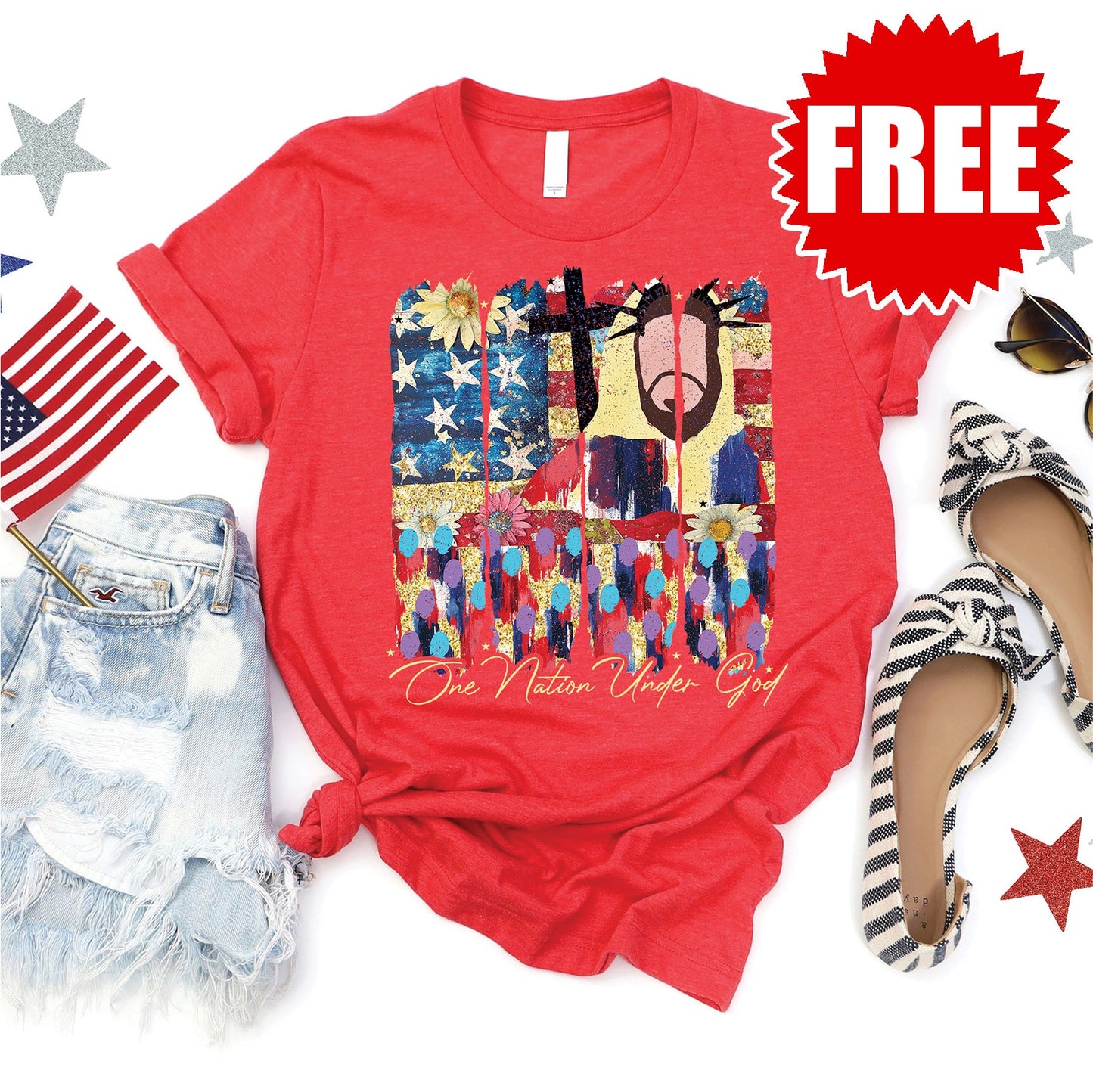 One Nation Under God Tee - Heather Red - 0 Style001
