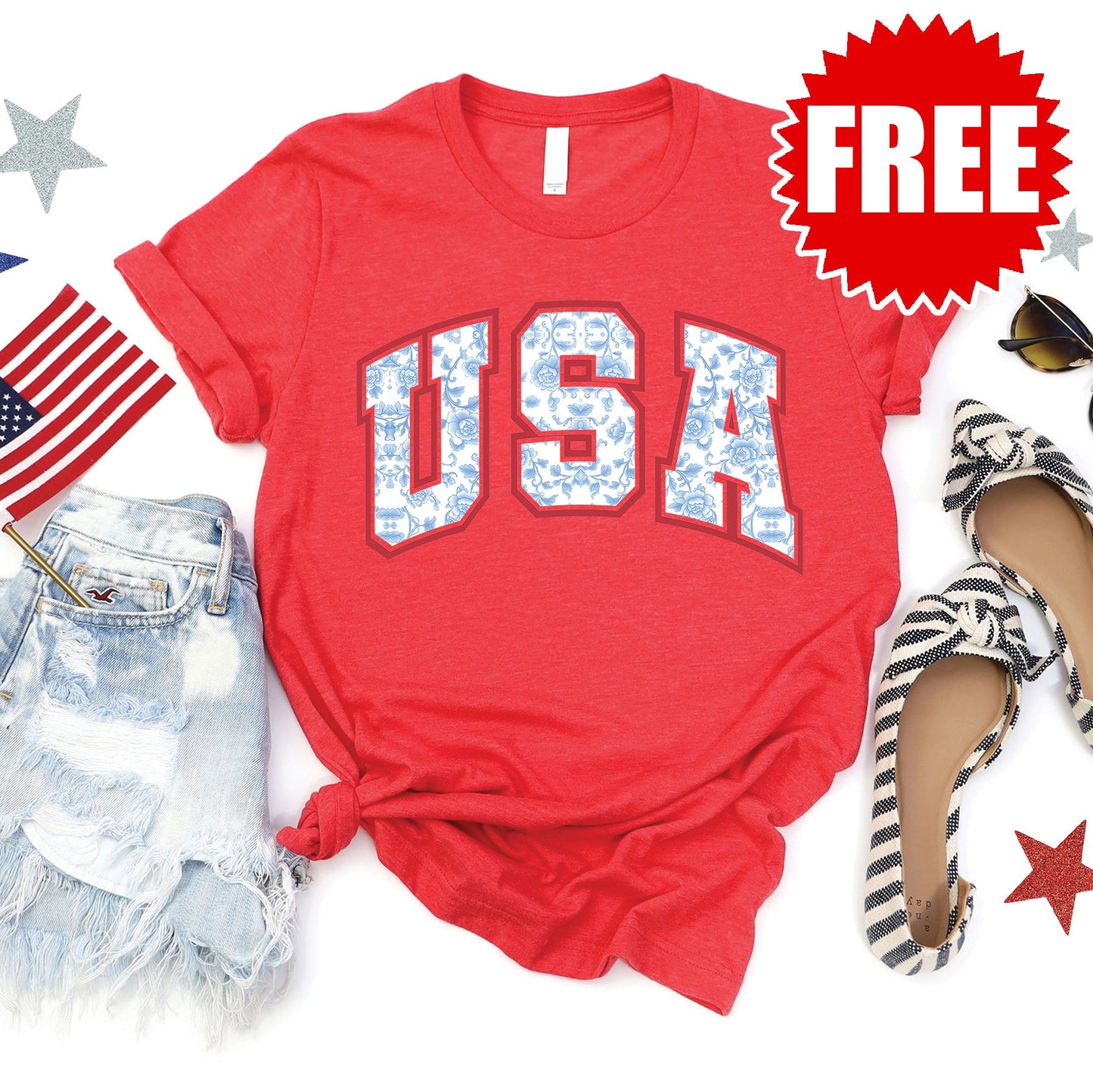 USA Floral Tee - Heather Red - 0