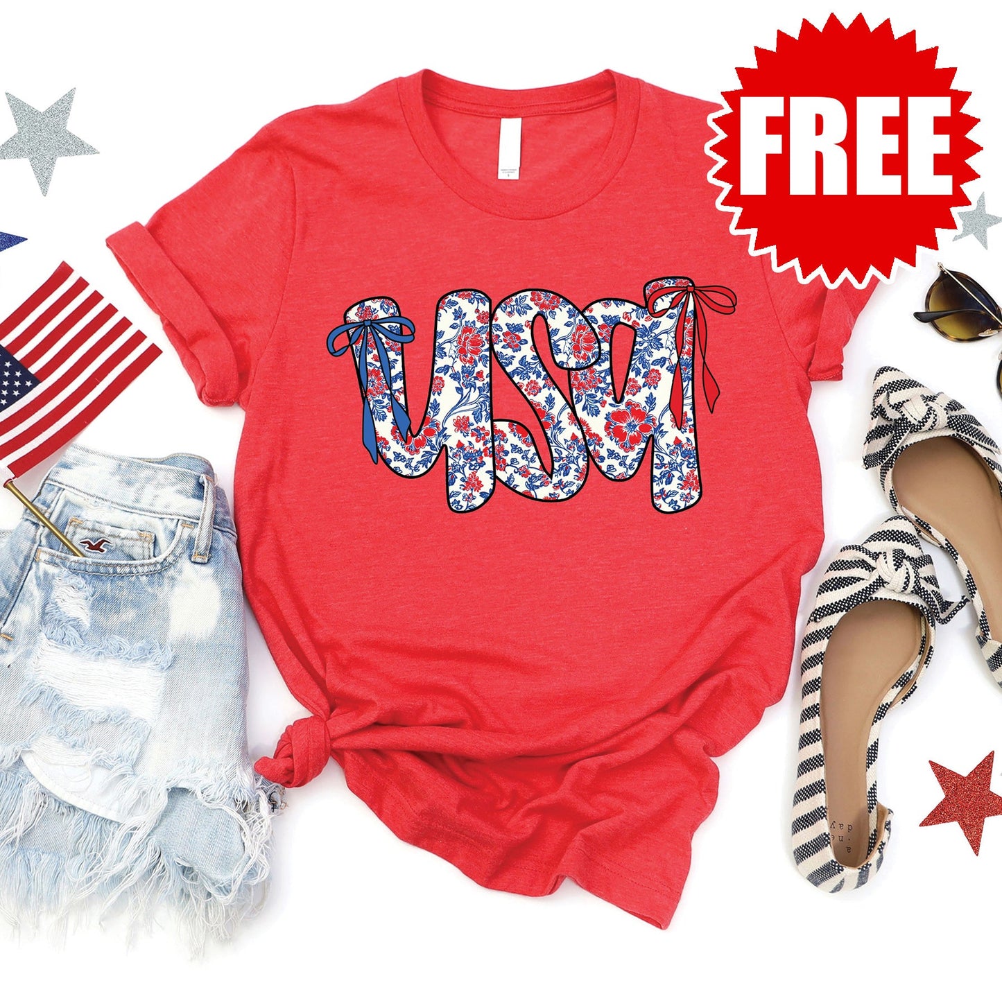 USA Ribbon Tee - Heather Red - 0