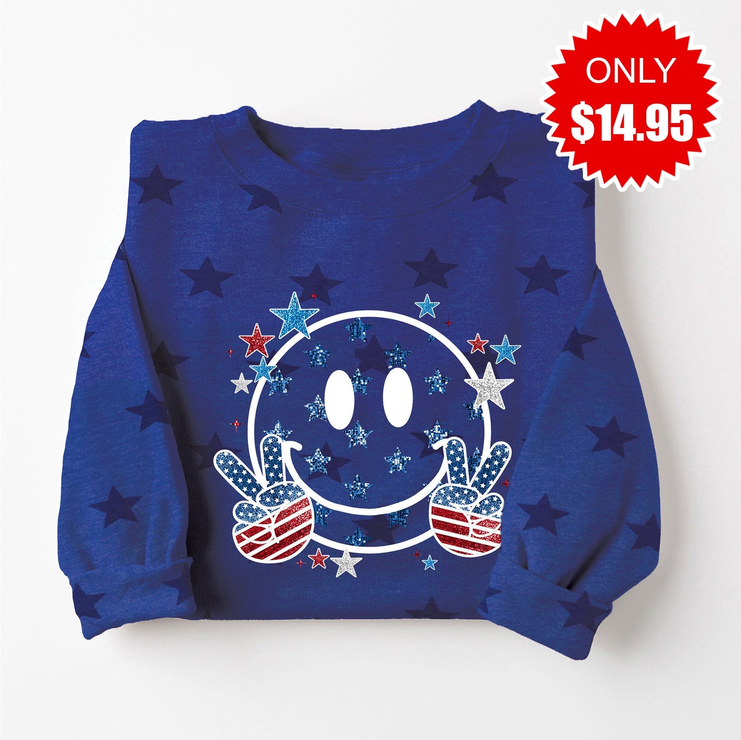 Patriotic Smiley Sweatshirt - Blue Star Print - 14.95