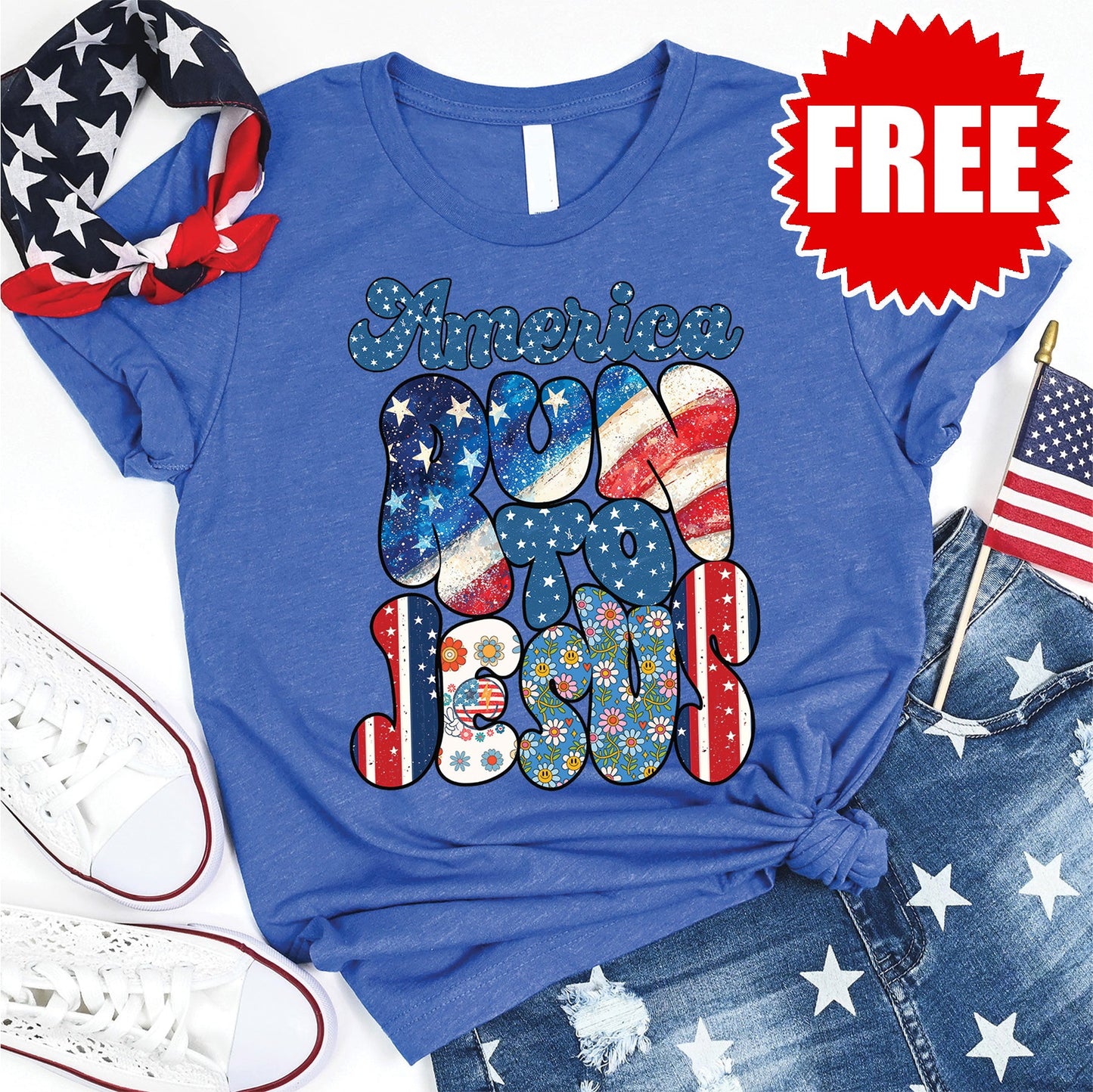America Run To Jesus Tee - Heather Royal Blue - 0