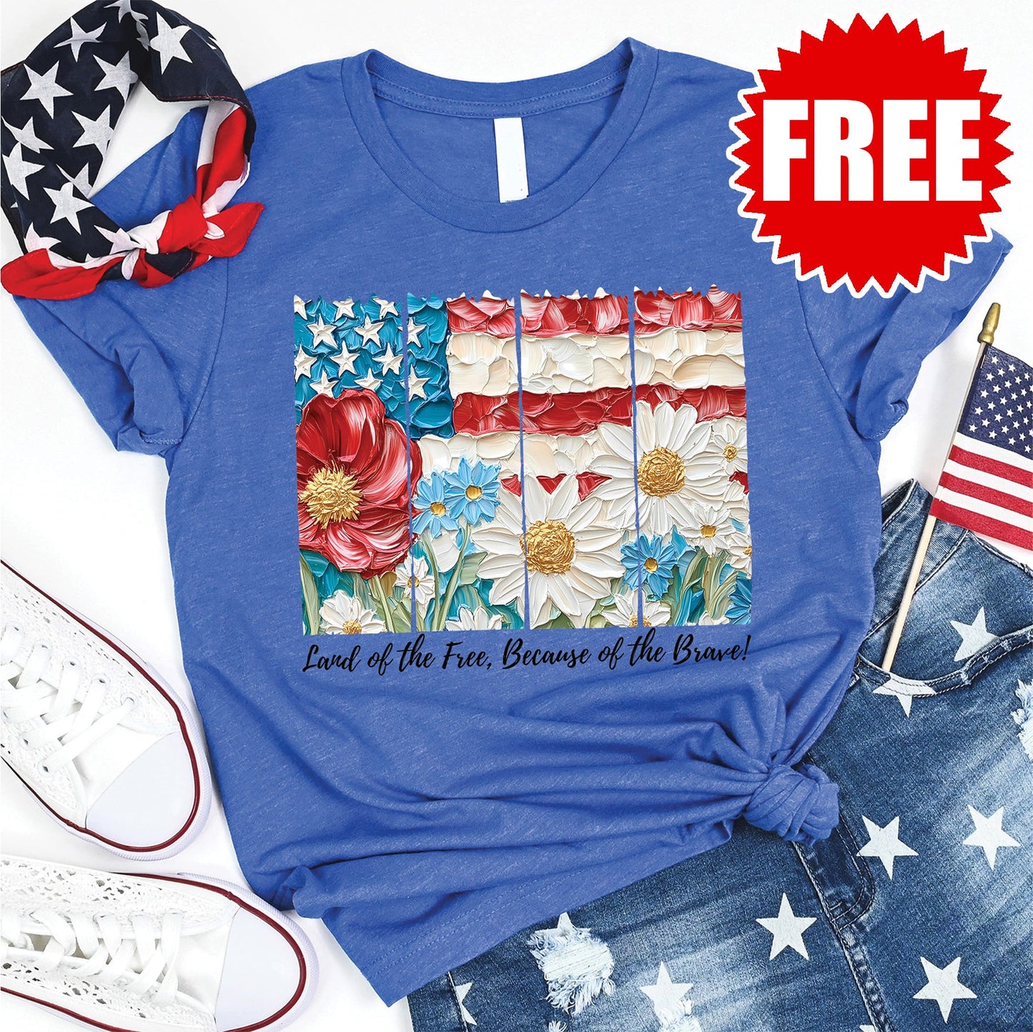 Land Of The Free Floral Tee - Heather Royal Blue - 0