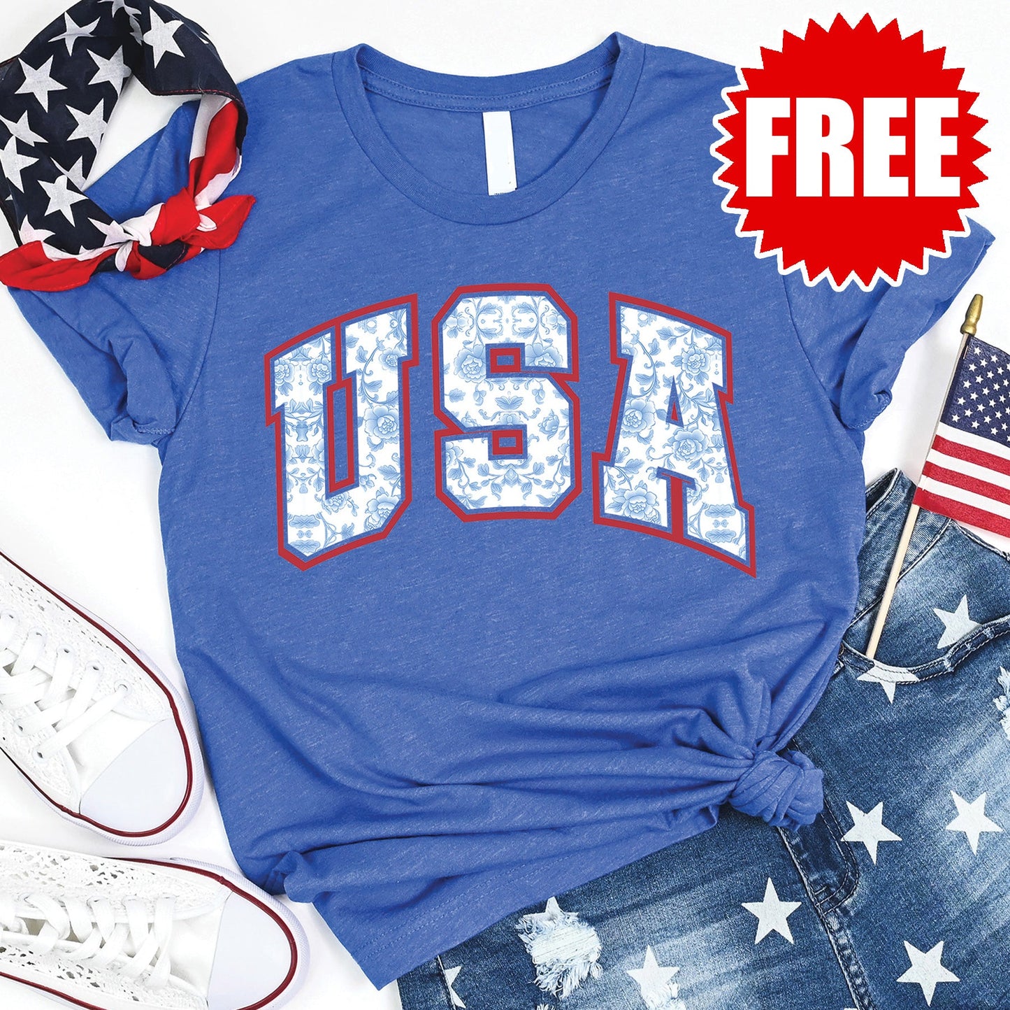 USA Floral Tee - Heather Royal Blue - 0