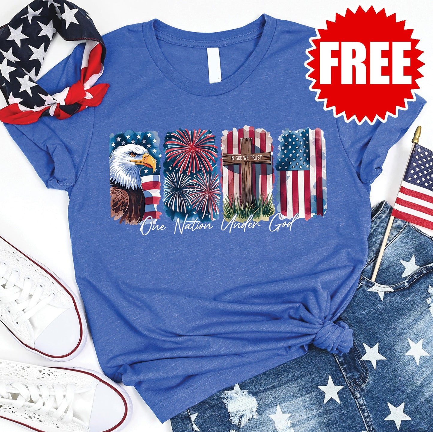 One Nation Under God Tee - Heather Royal Blue - 0