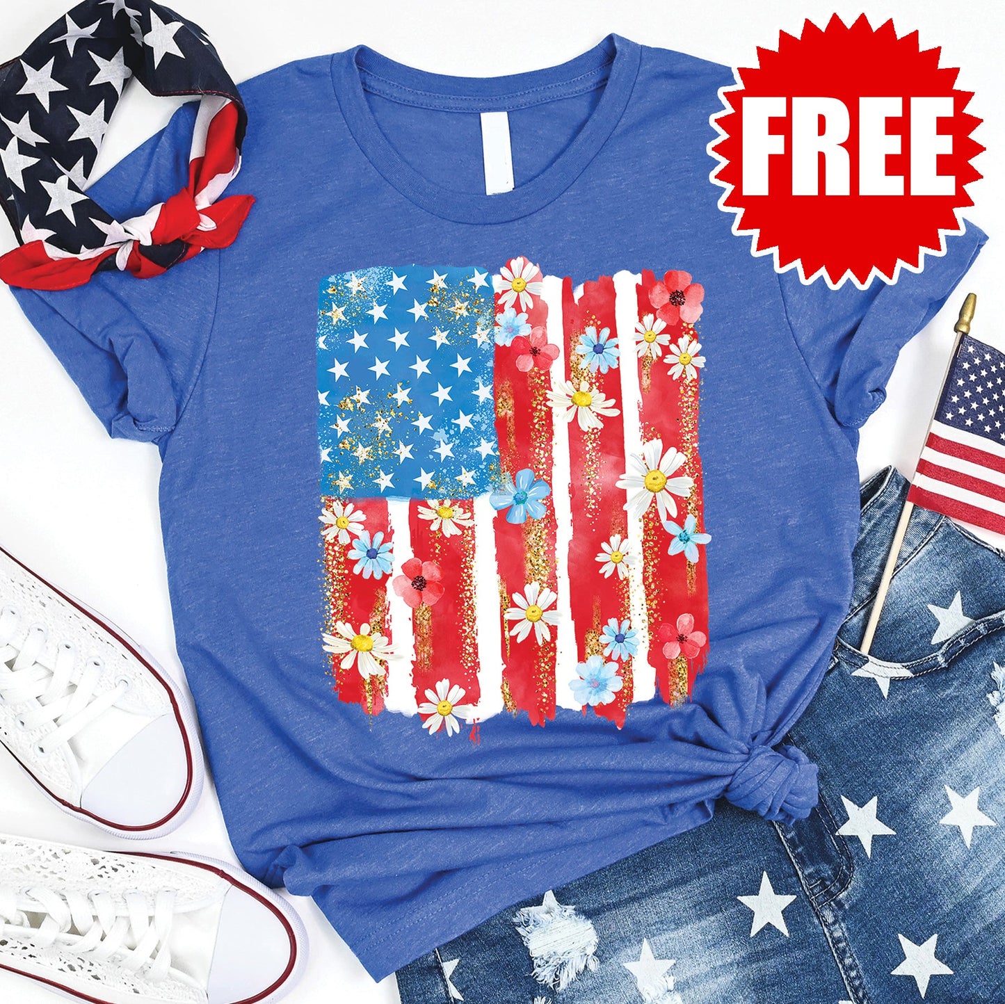 Patriotic Flag Tee - Heather Royal Blue - 0