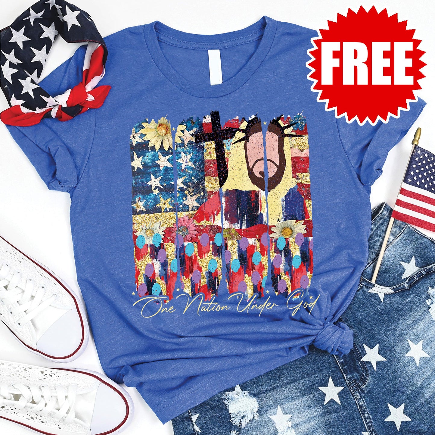 One Nation Under God Tee - Heather Royal Blue - 0 Style001