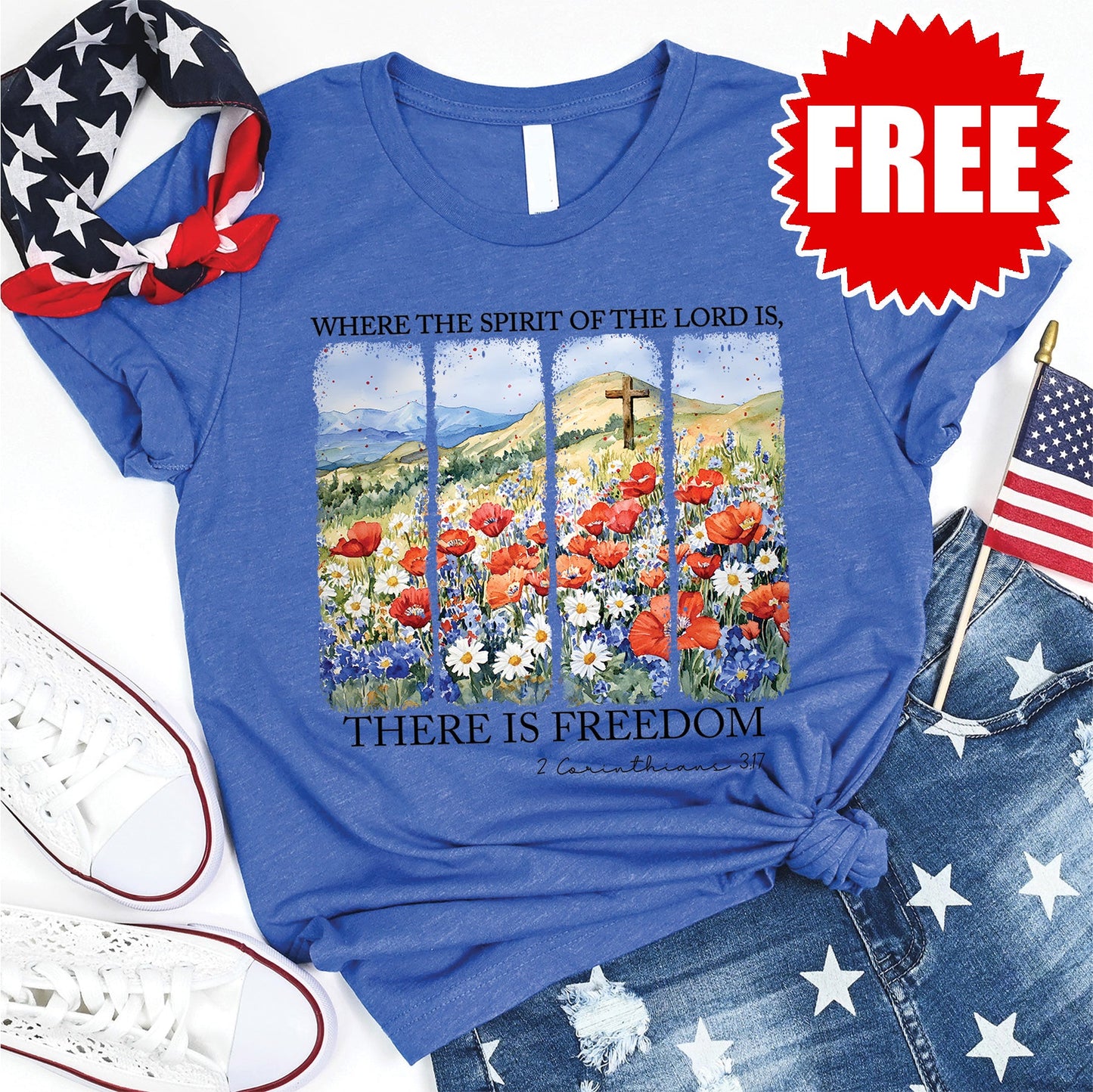 There If Freedom Floral Tee - Heather Royal Blue - 0
