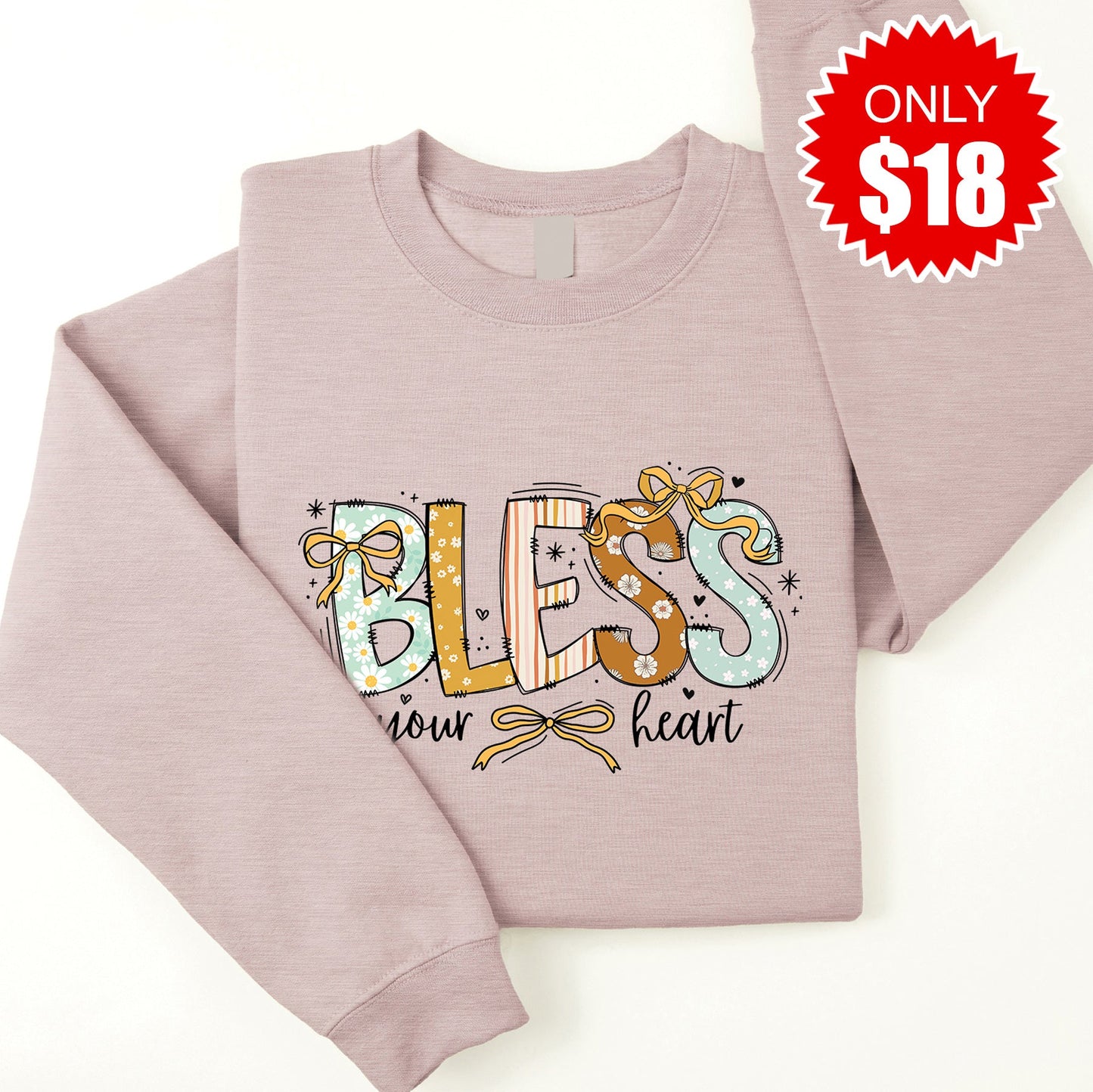 Bless Your Heart Bows Sweatshirt - Heather Pink Gravel - 18