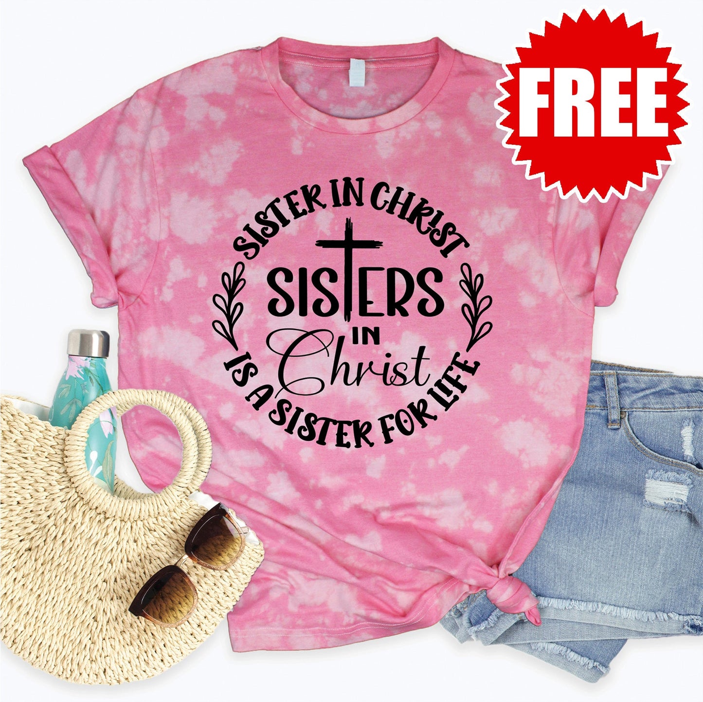 Sisters In Christ Tee - Pink Peony Tie Dye - 0