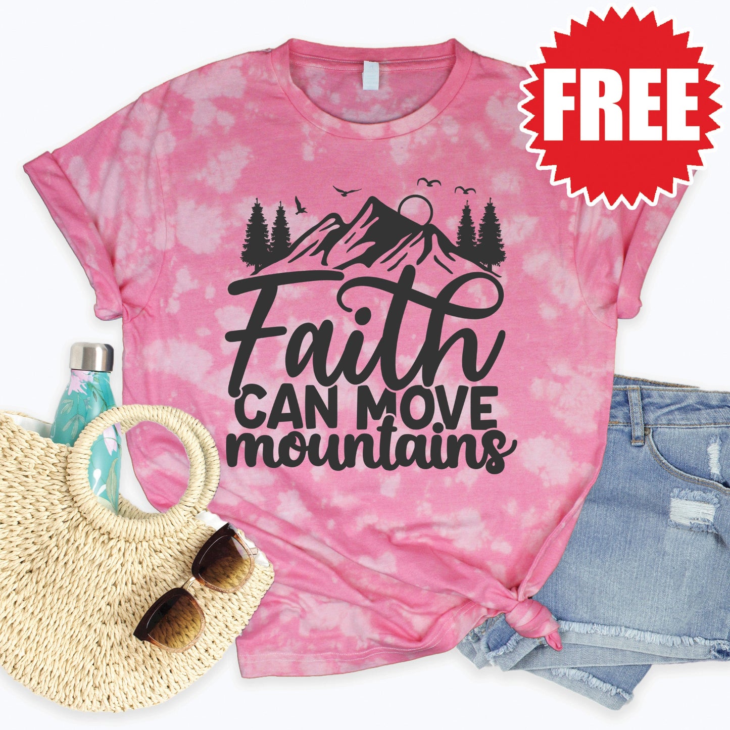 Faith Can Move Mountain Tee - Pink Peony Tie Dye - 0