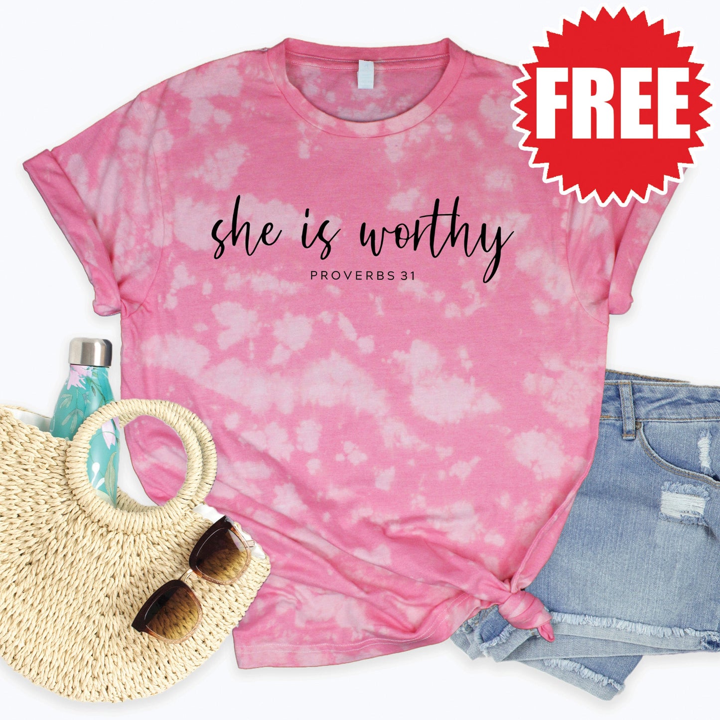 She Is Worthy Tee - Pink Peony Tie Dye - 0