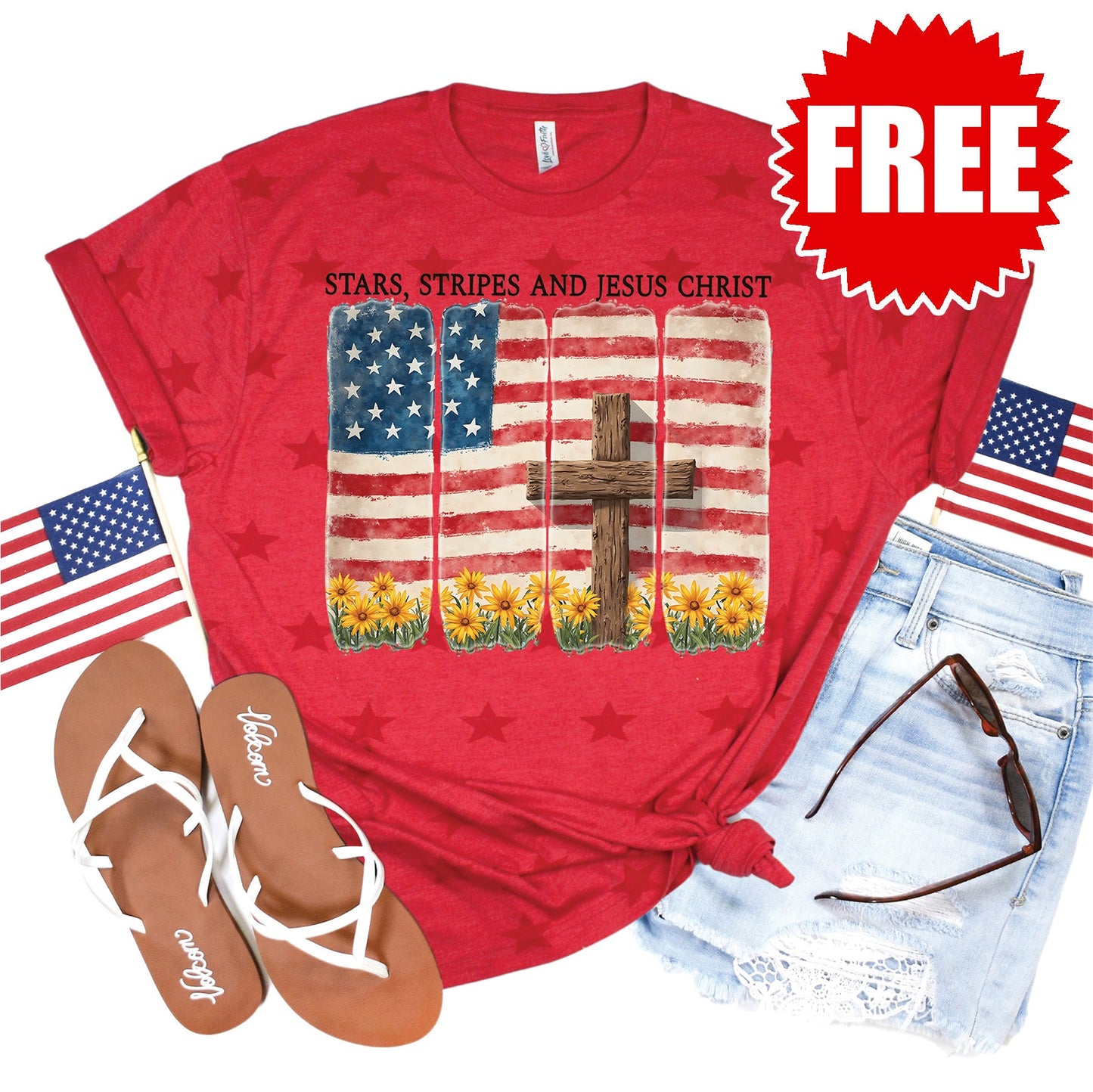 Stars, Stripes and Jesus Christ Tee - Red Star Print - 0