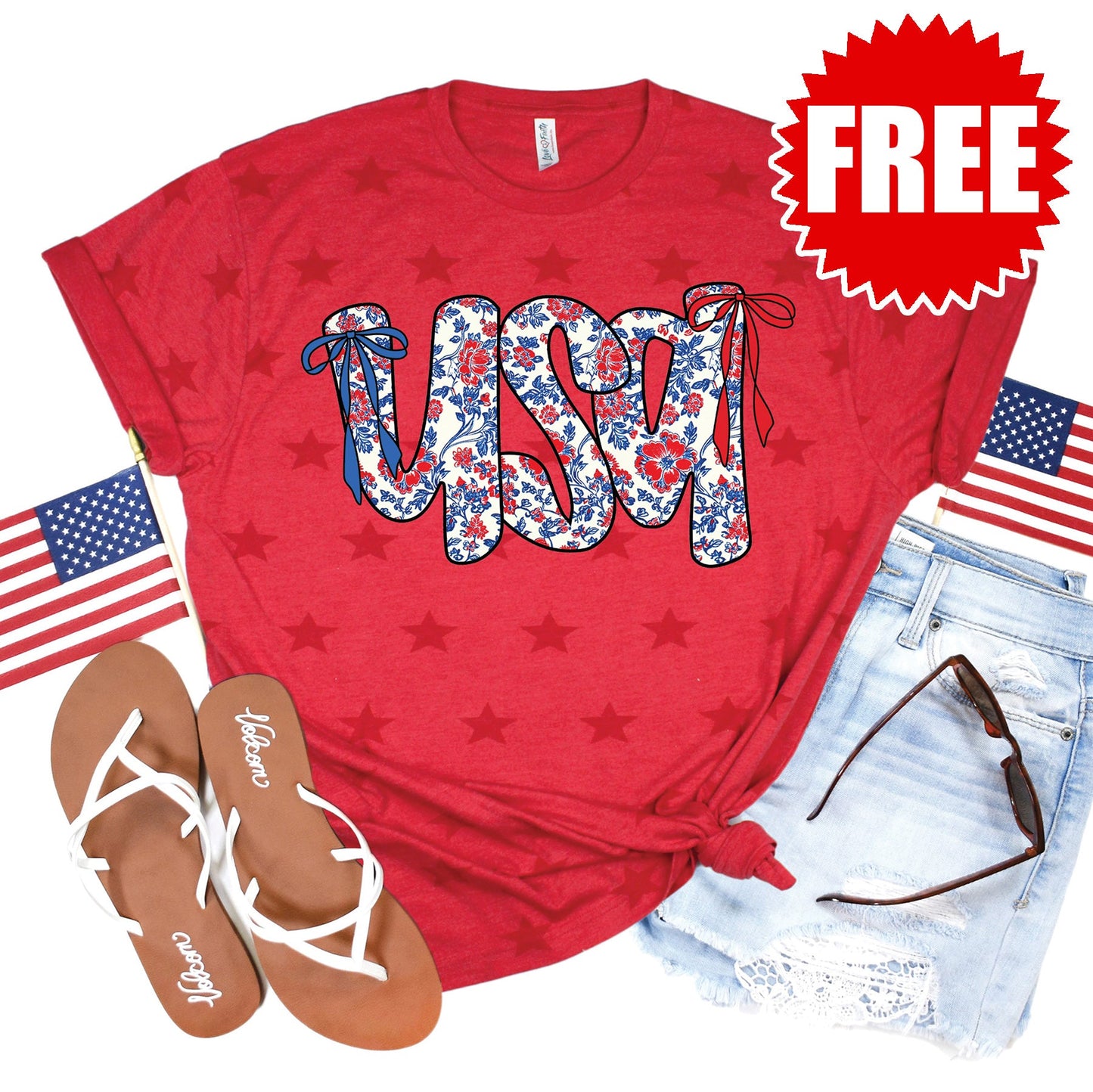 USA Ribbon Tee - Red Star Print - 0