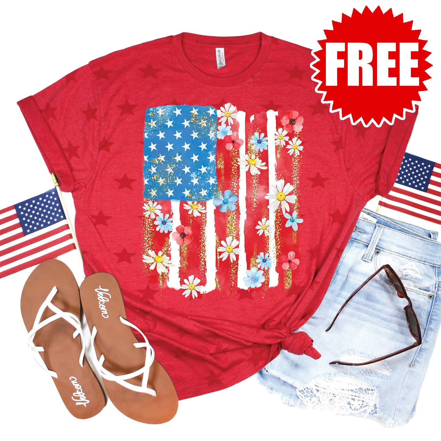 Patriotic Flag Tee - Red Star Print - 0