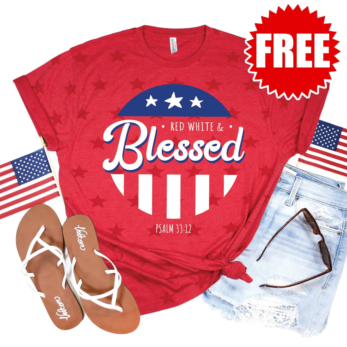 Red White and Blessed Tee - Red Star Print - 0
