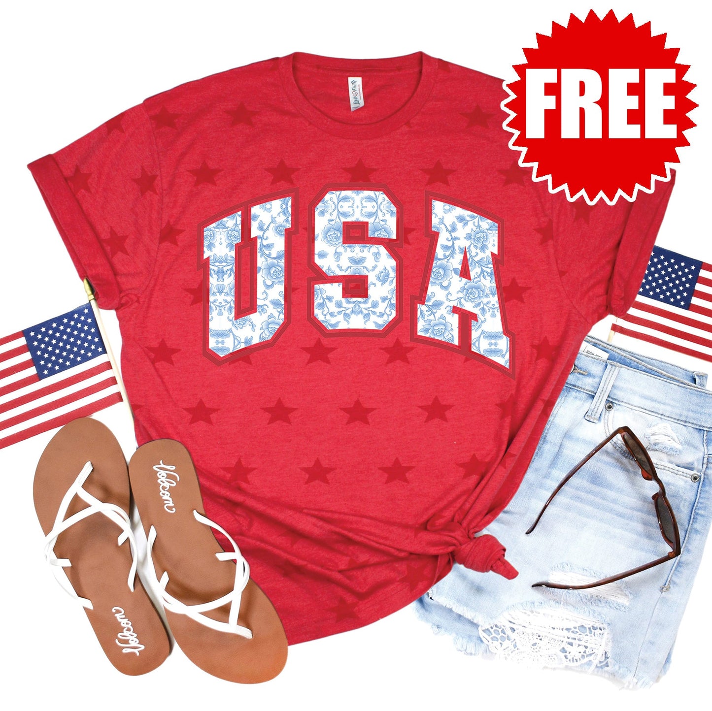 USA Floral Tee - Red Star Print - 0