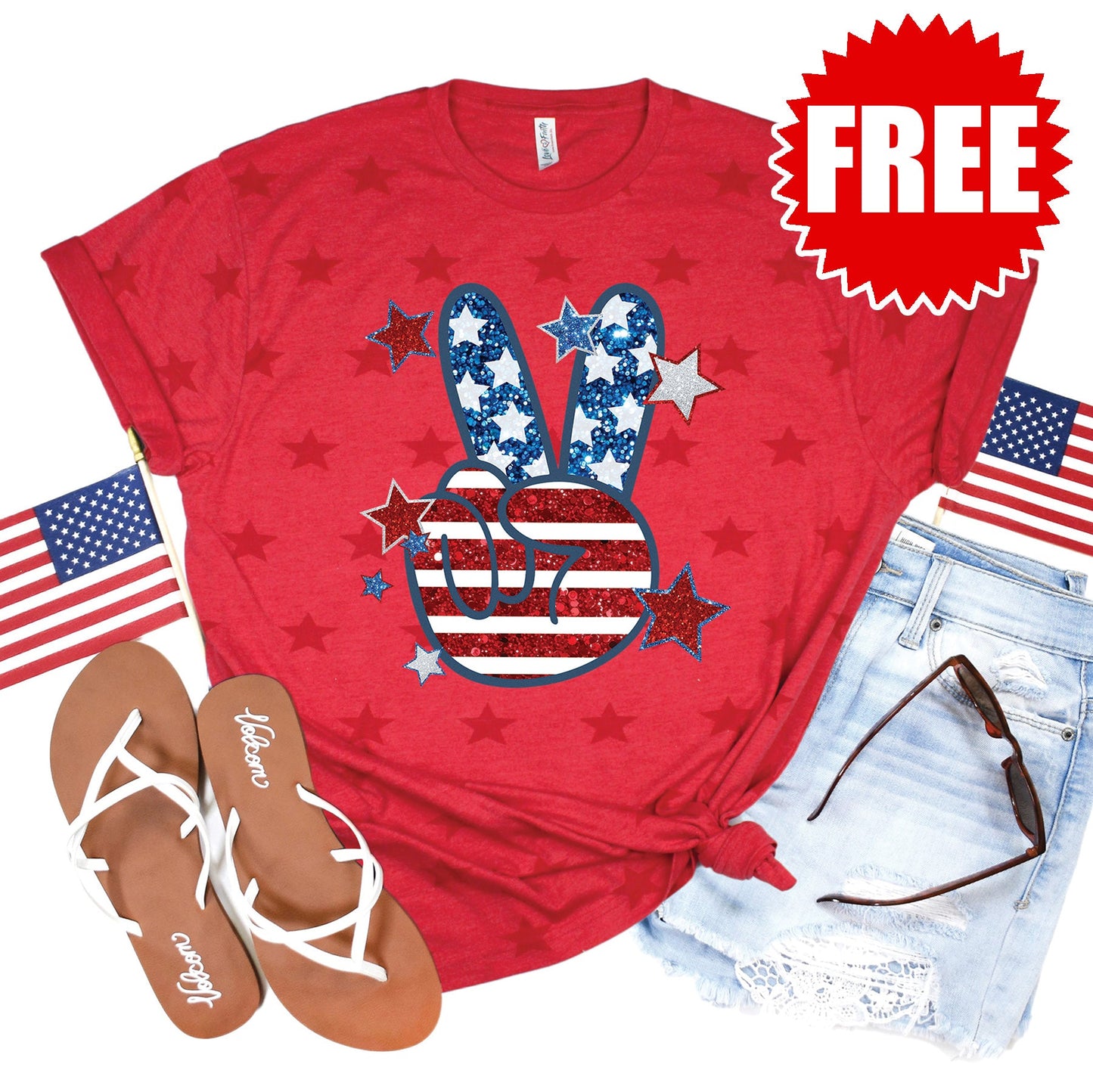 America Peace Tee - Red Star Print - 0