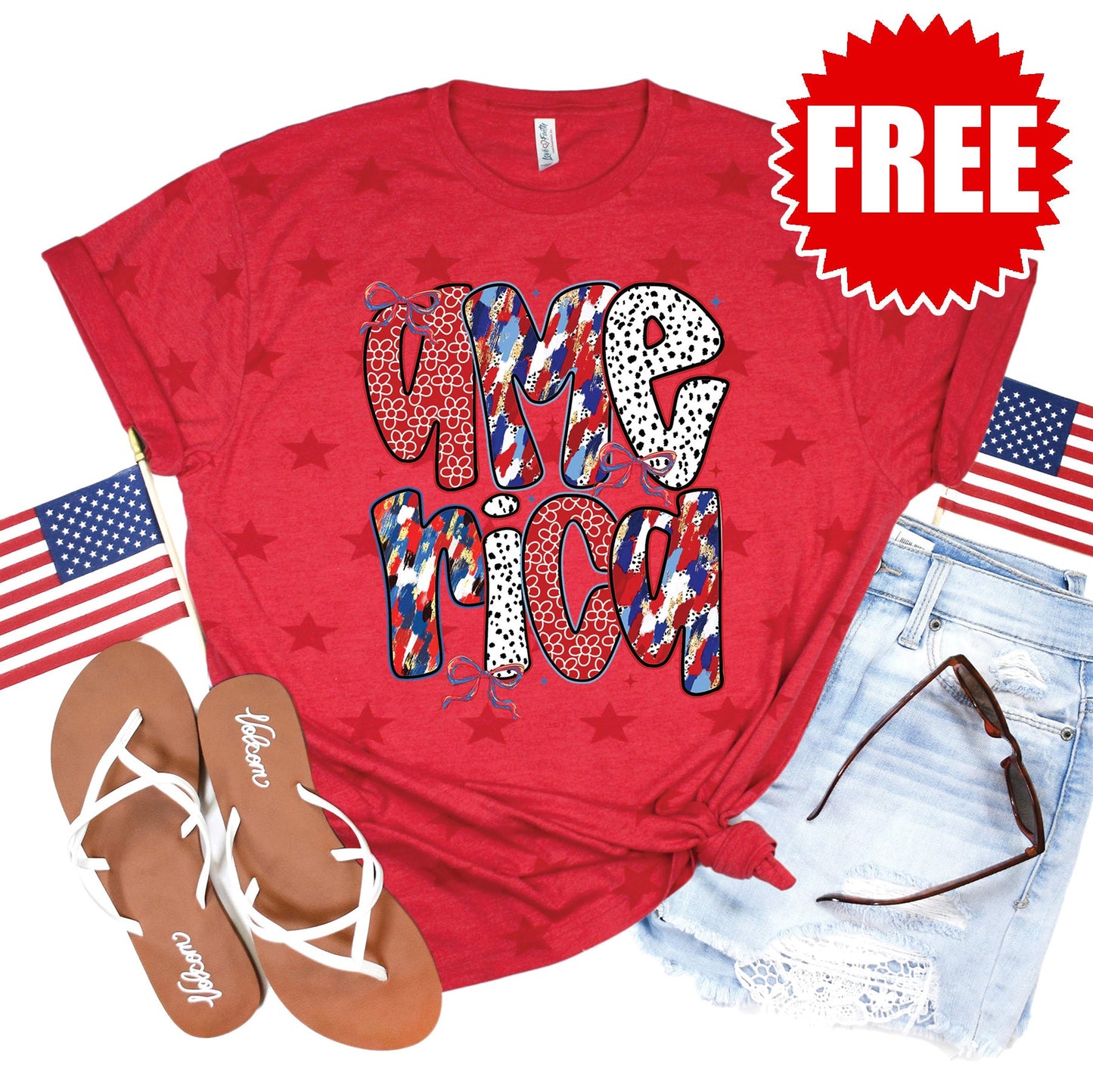 America Tee - Red Star Print - 0